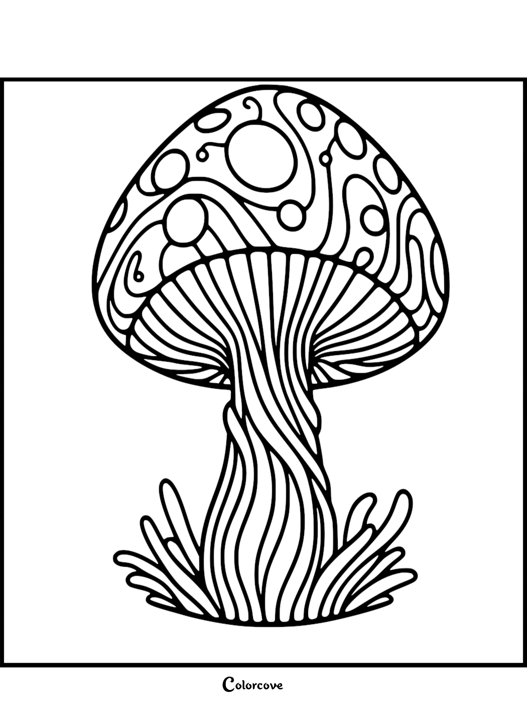 Intricate mushroom coloring page with swirling patterns for adults and kids. Printable and fun for stress relief and creativity.