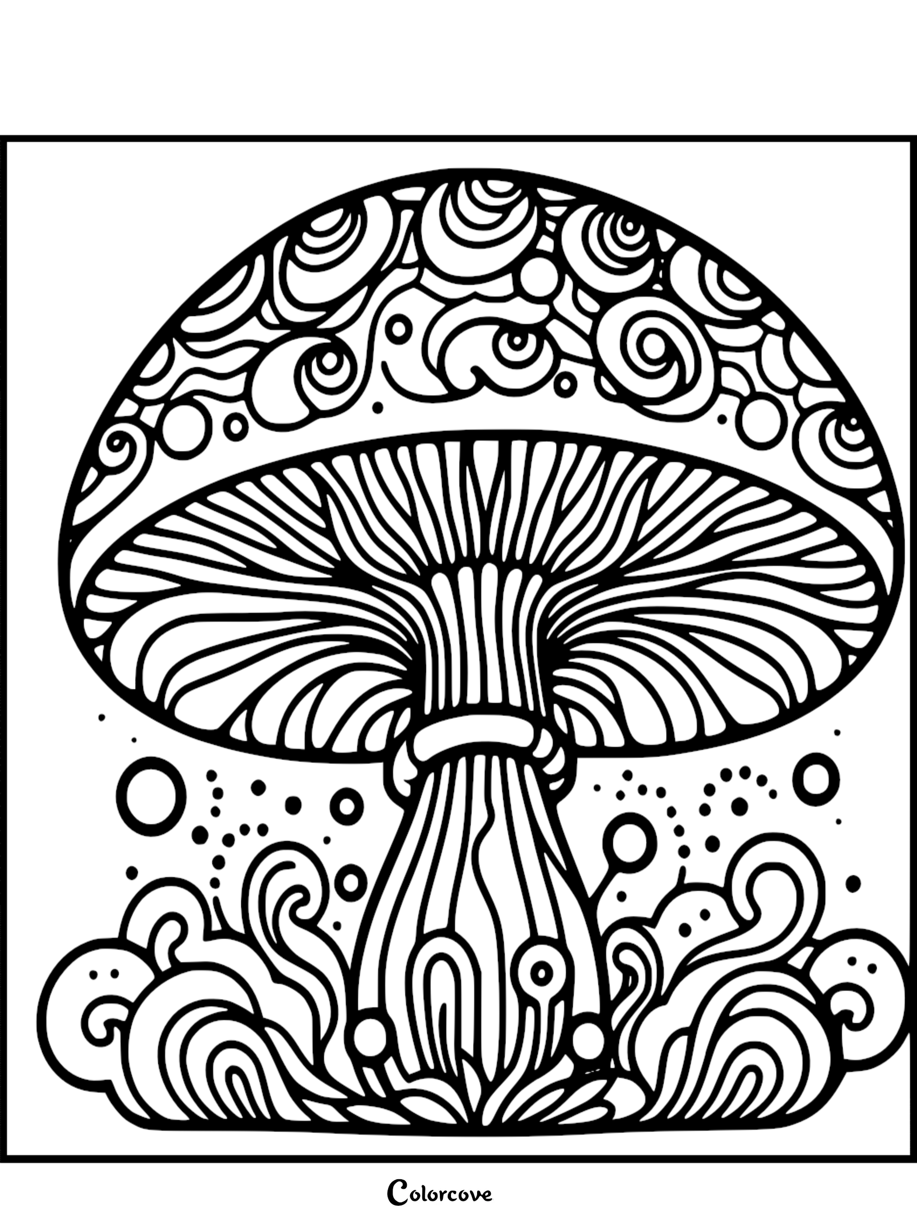 Intricate mushroom coloring page featuring detailed patterns and swirls, perfect for relaxation and creativity.