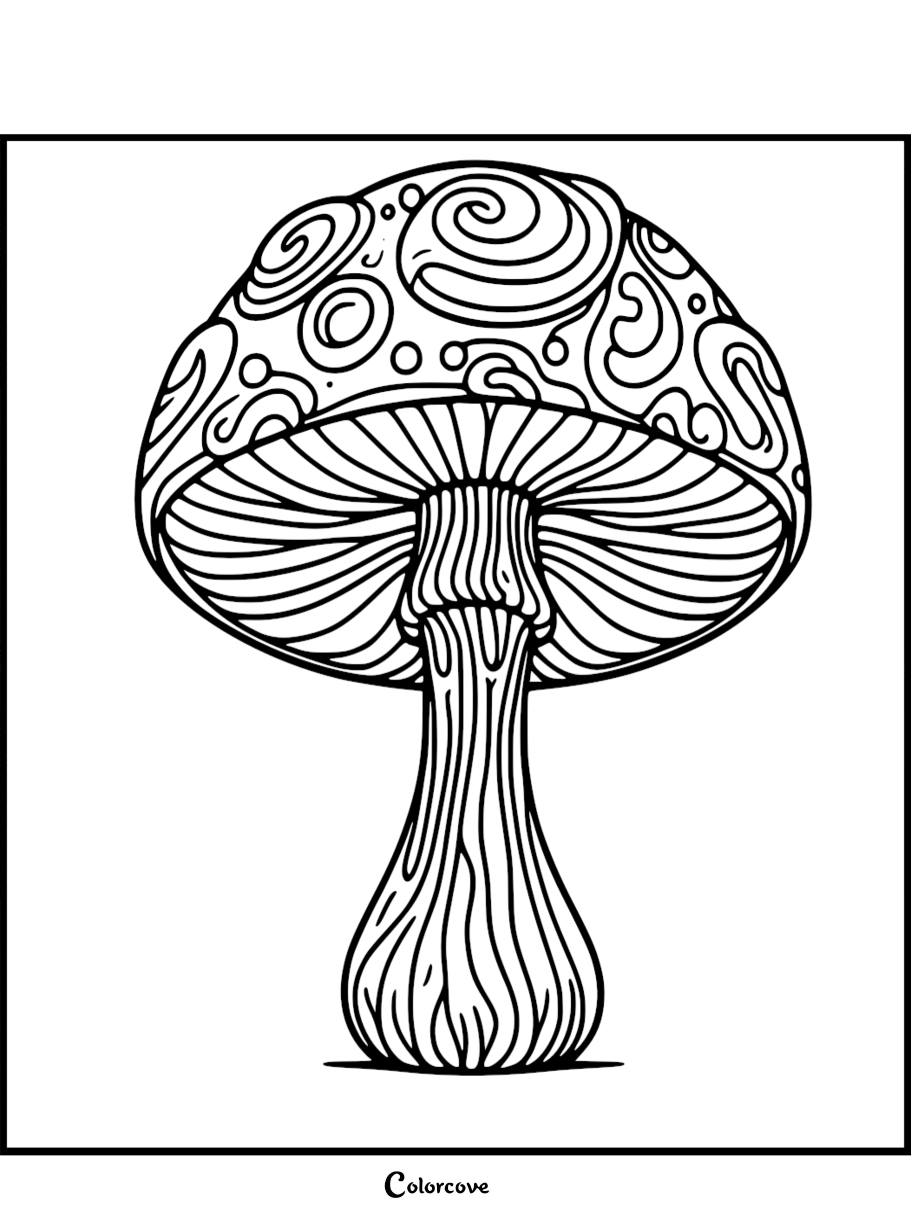 Intricate mushroom coloring page with detailed swirl and line patterns for stress relief and creative coloring.