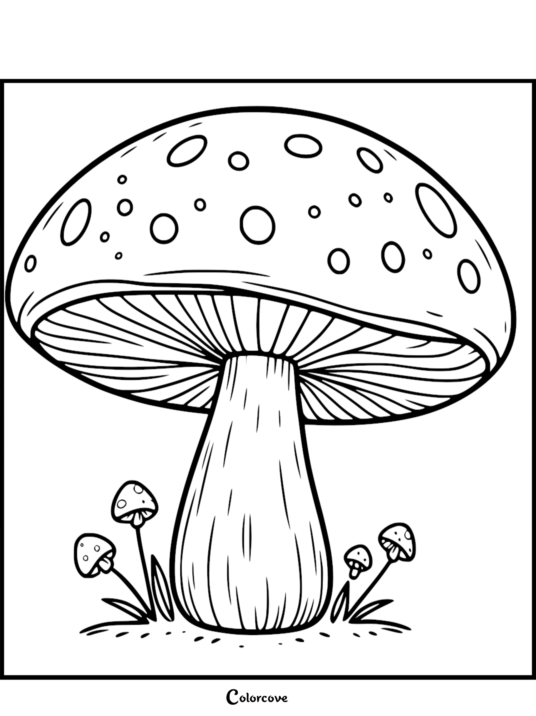 Mushroom coloring page featuring a large mushroom with spots and smaller mushrooms around it; printable nature illustration.