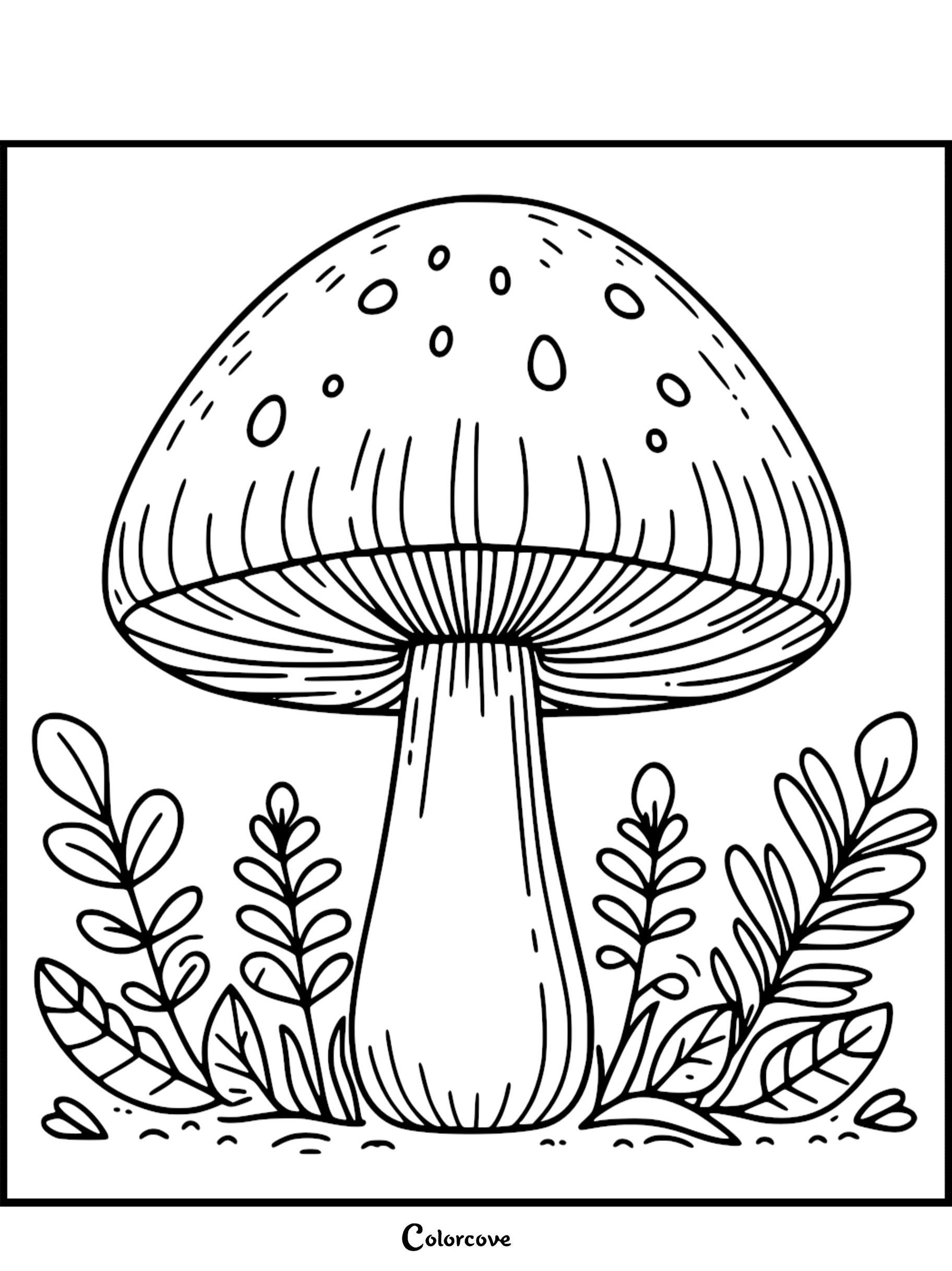 Mushroom coloring page with detailed patterns and surrounding plants for kids and adults to color.