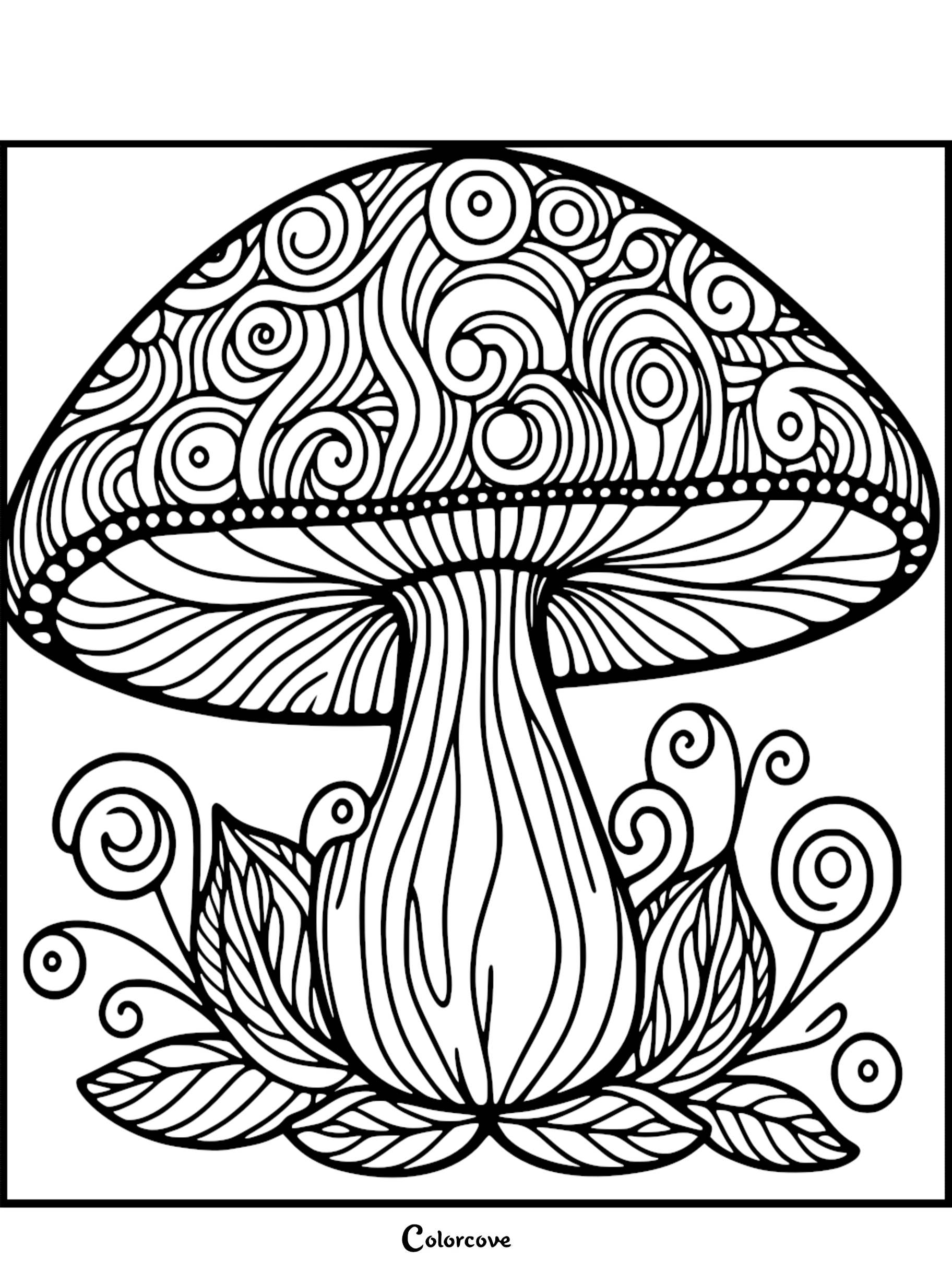 Intricate mushroom coloring page with detailed patterns and swirls, perfect for stress relief and mindfulness.