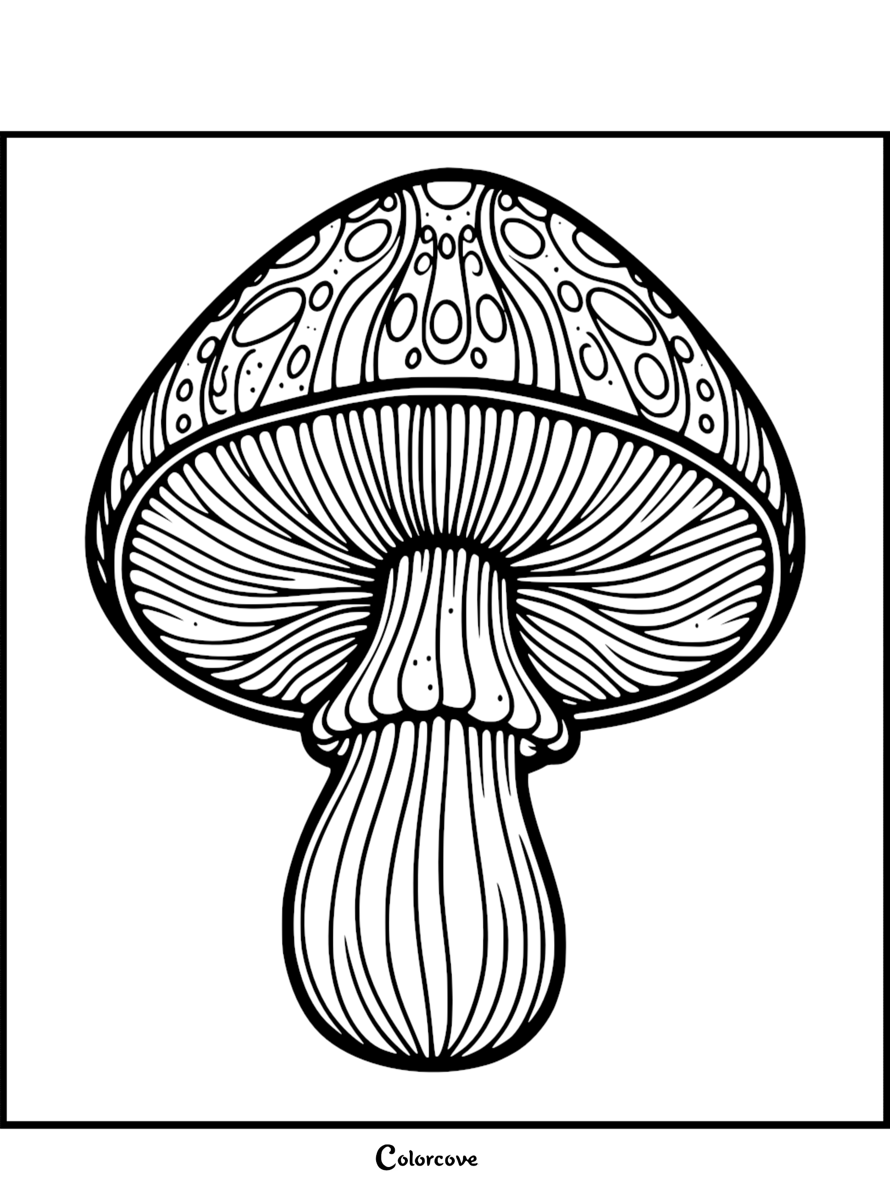 Detailed mushroom coloring page with intricate patterns for stress-relief and creativity. Perfect for adults and kids.