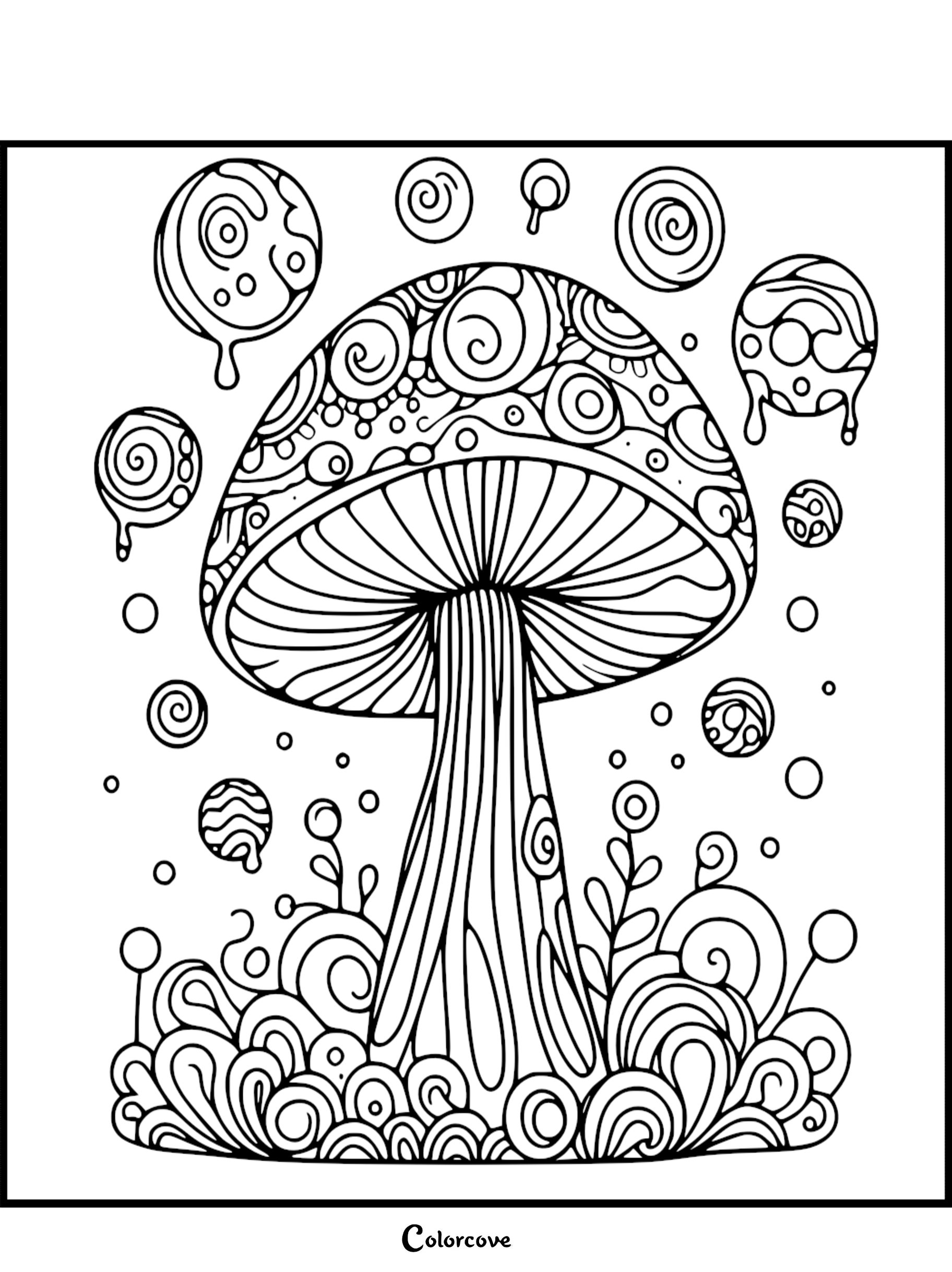 Mushroom-themed coloring page with intricate patterns and swirls, perfect for relaxing and creative coloring activities.