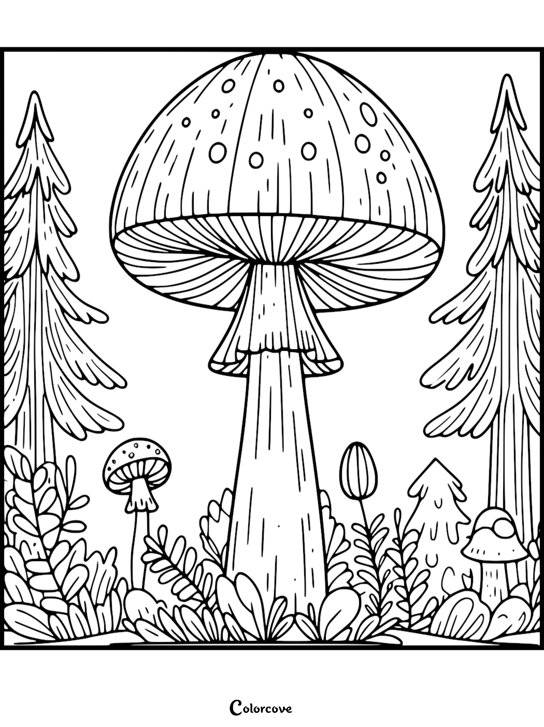 Coloring page of a whimsical forest scene with tall mushrooms, leafy plants, and fir trees. Perfect for kids and art lovers.
