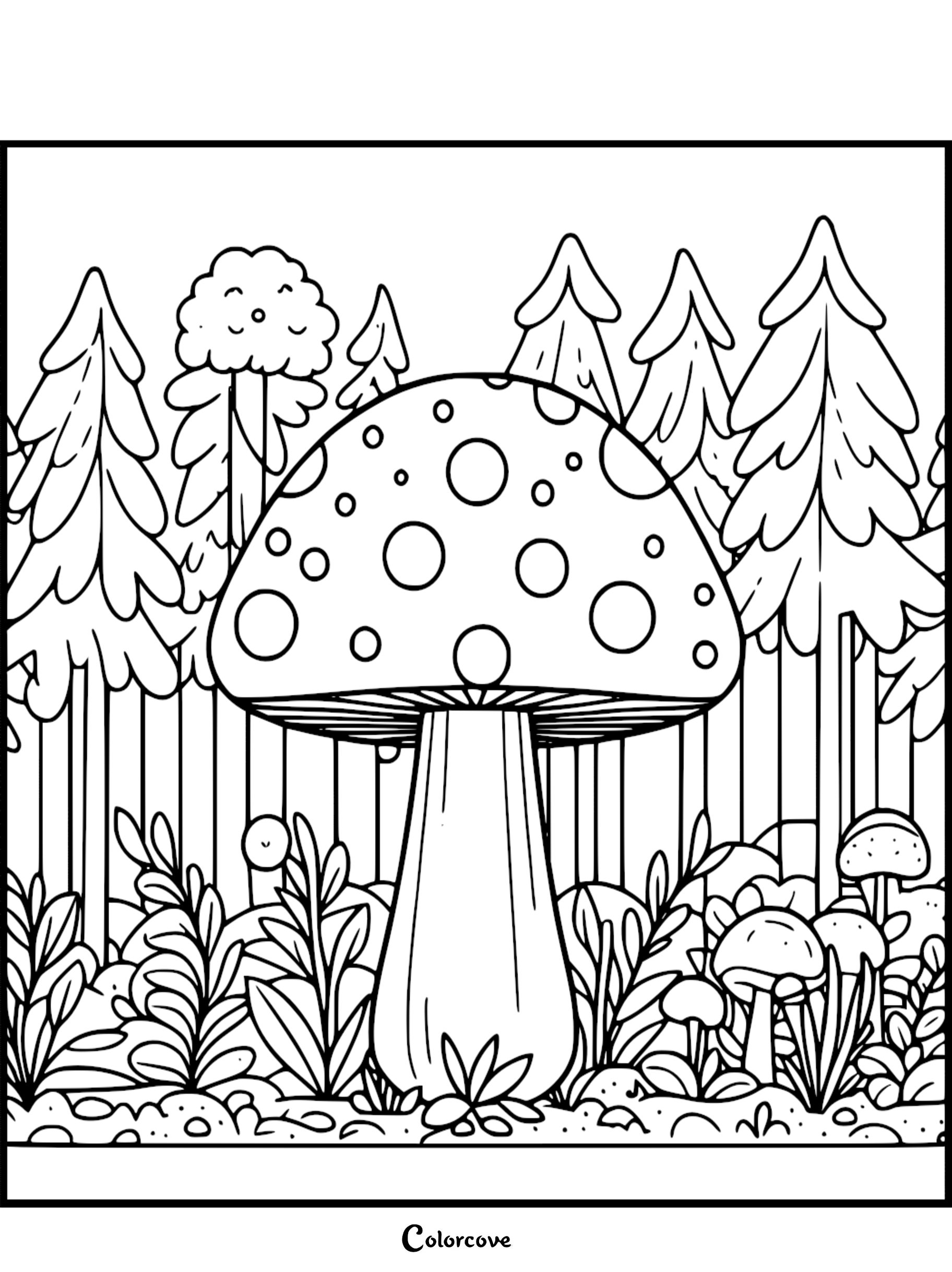 Coloring page featuring a large spotted mushroom in a whimsical forest with trees and plants. Perfect for kids and nature lovers.