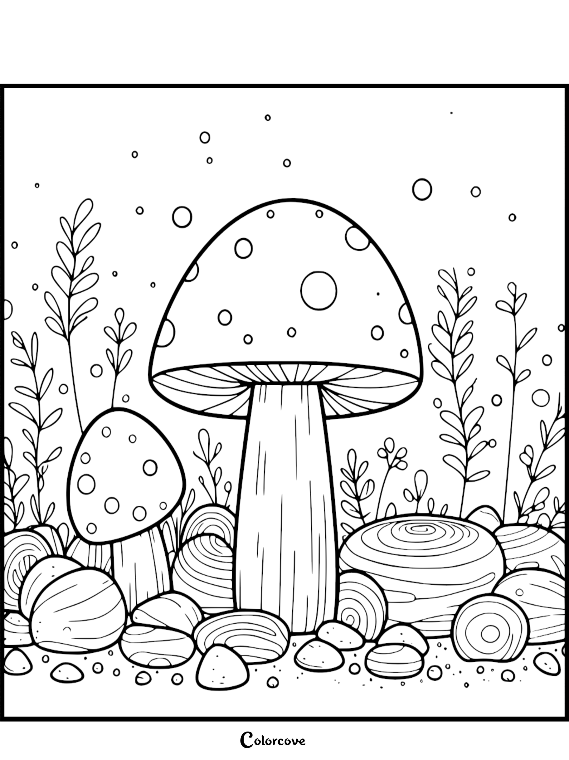 Mushroom coloring page with a nature background featuring rocks and plants. Detailed, easy to color fungal illustration.