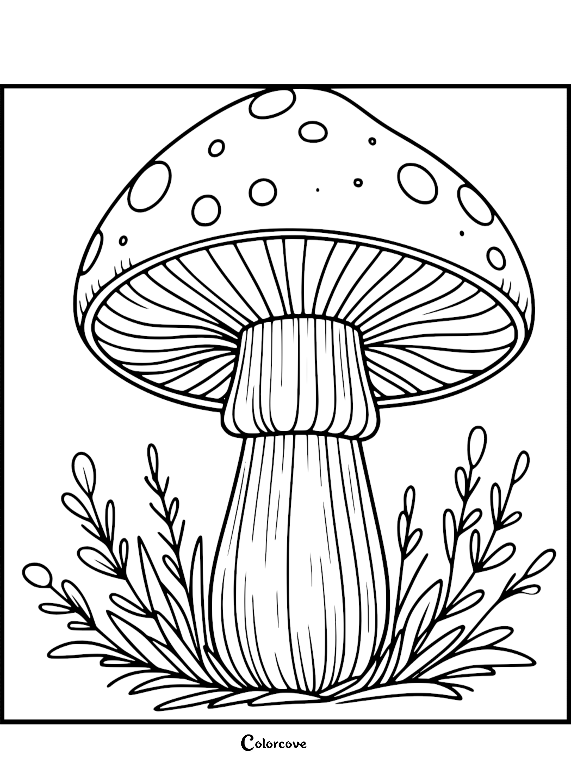 Coloring page of a giant mushroom with detailed patterns and foliage, perfect for relaxing and boosting creativity.