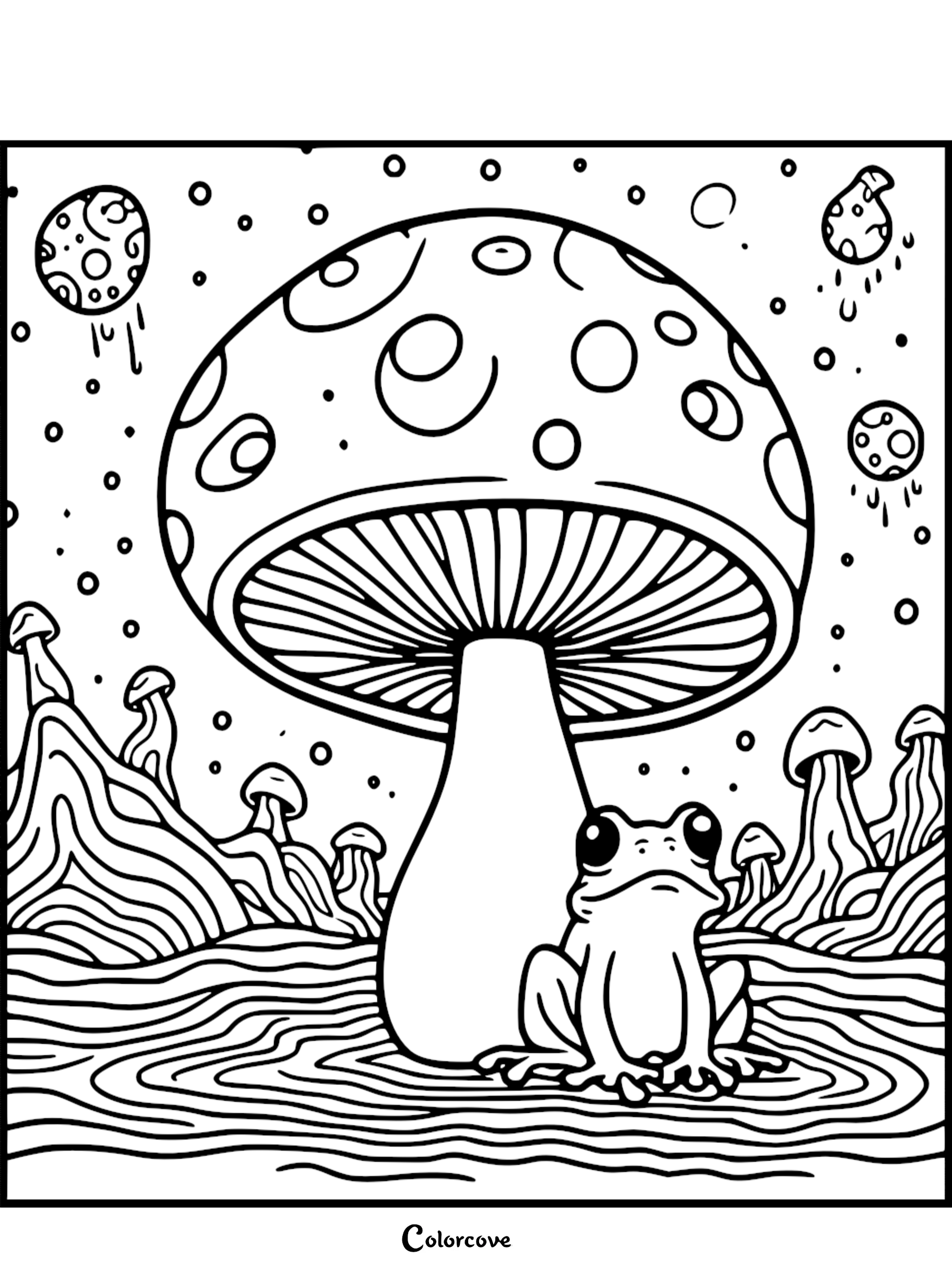 Coloring page of a whimsical frog sitting beneath a giant mushroom in a surreal, fantasy landscape with floating mushrooms.