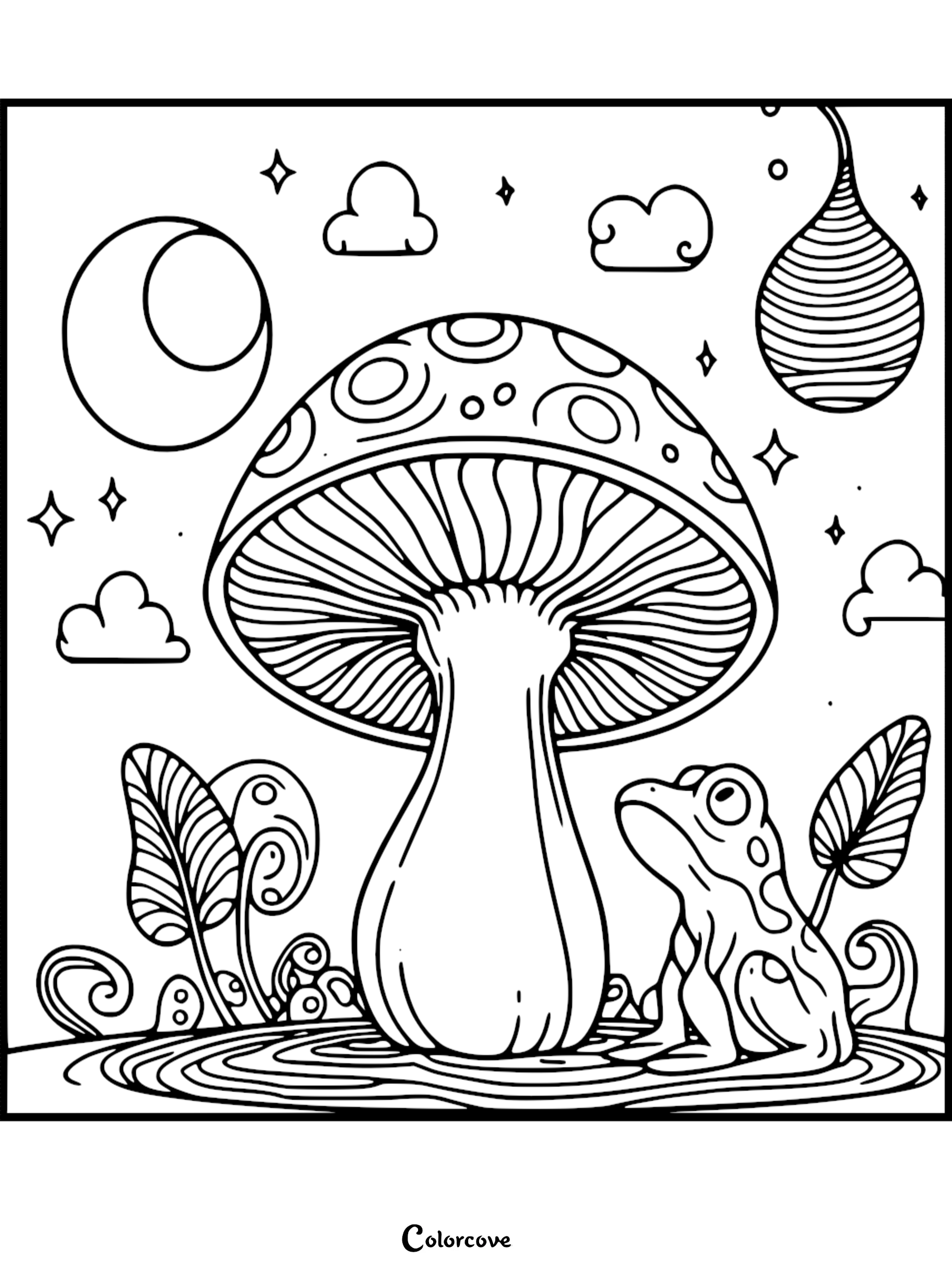 Coloring page of a large whimsical mushroom with a frog, clouds, stars, and plants around. Perfect for creative relaxation.