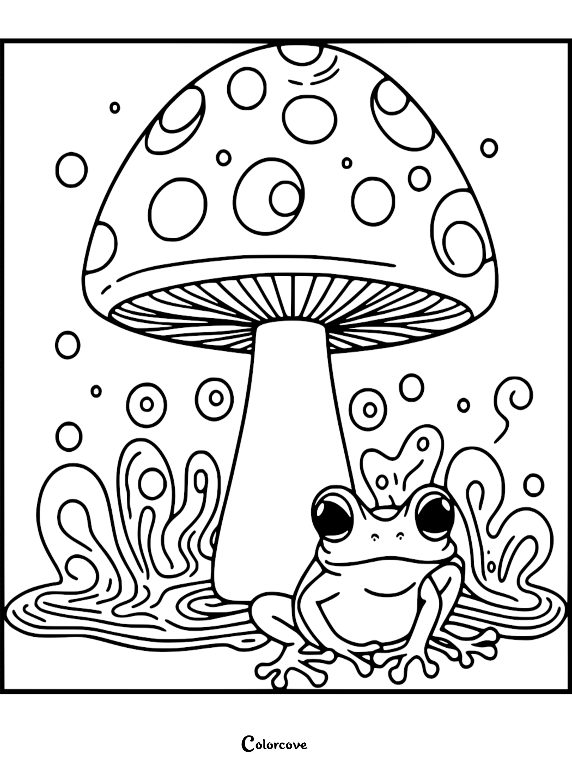 Frog and mushroom coloring page featuring a large spotted mushroom with a frog sitting in front, ready to be colored.