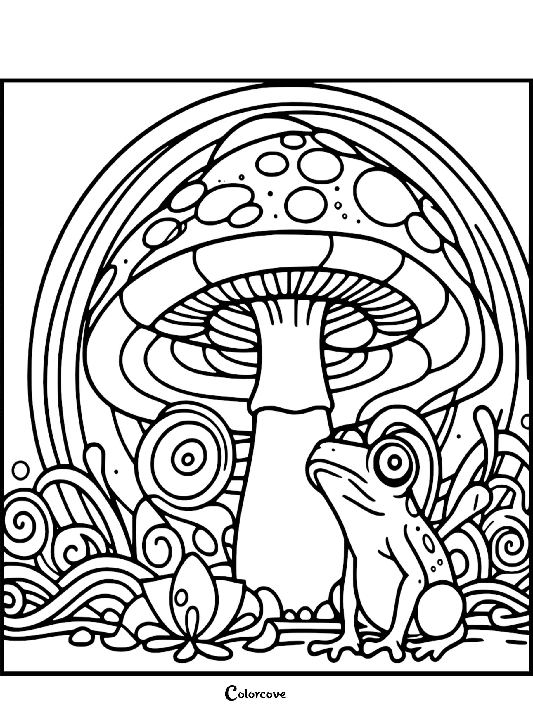 Frog and mushroom coloring page, featuring detailed swirls and abstract patterns. Perfect for stress-relief and creativity.
