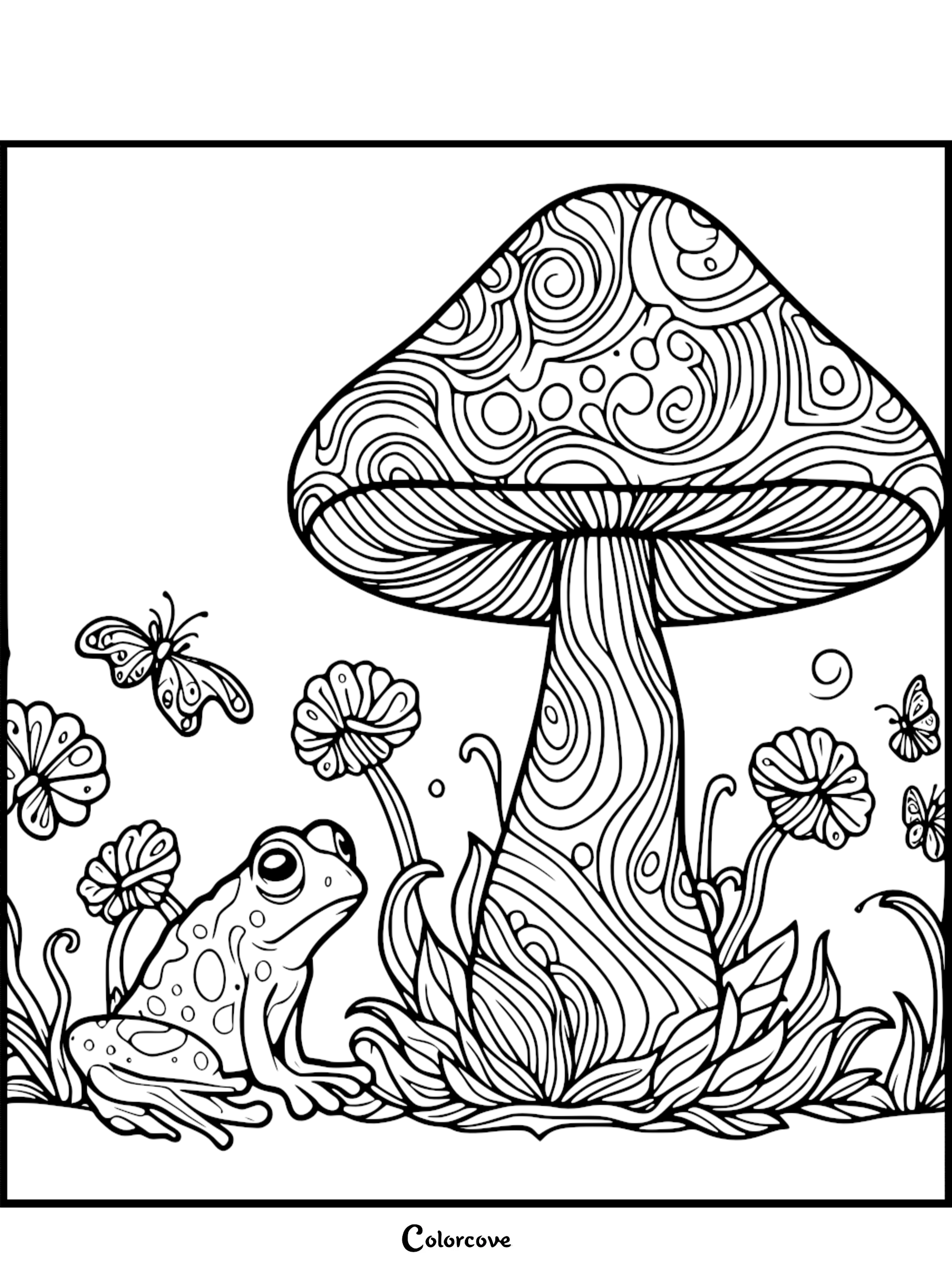 Detailed frog and mushroom coloring page with butterflies, intricate patterns, and flowers for adults and kids.