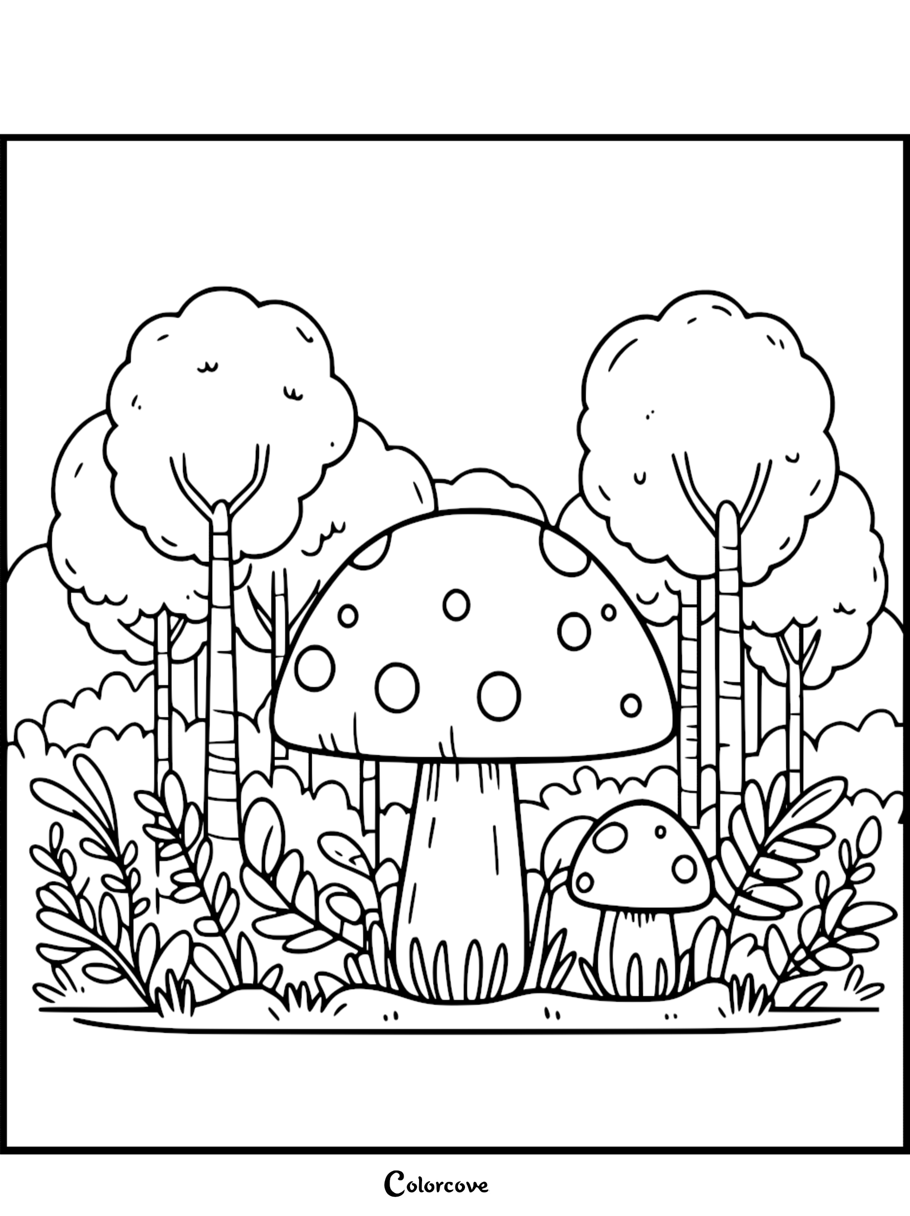 Mushroom forest coloring page with large mushroom, trees, and plants for kids to color. Ideal for nature-themed crafting.