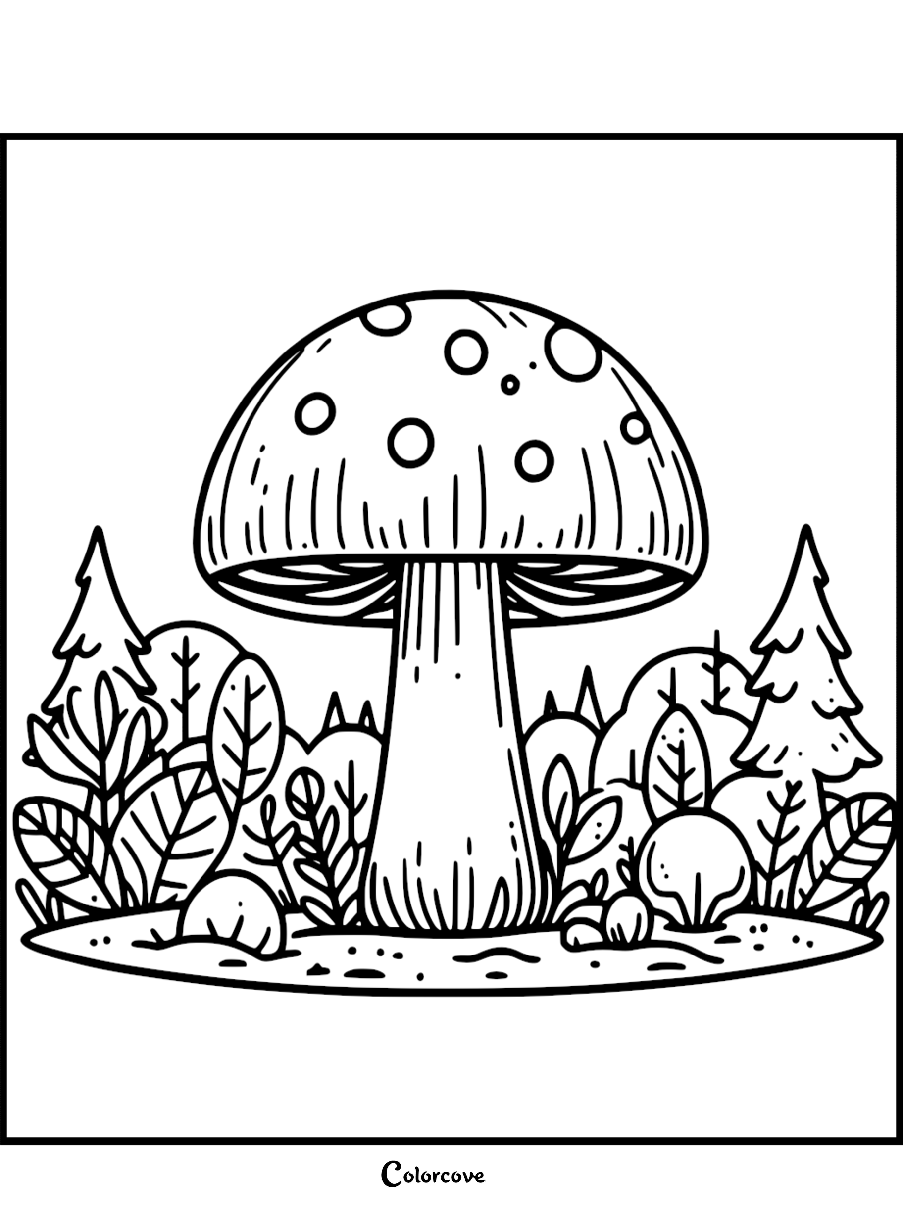 Mushroom coloring page with foliage and trees in the background, perfect for kids and adults to color and enjoy.
