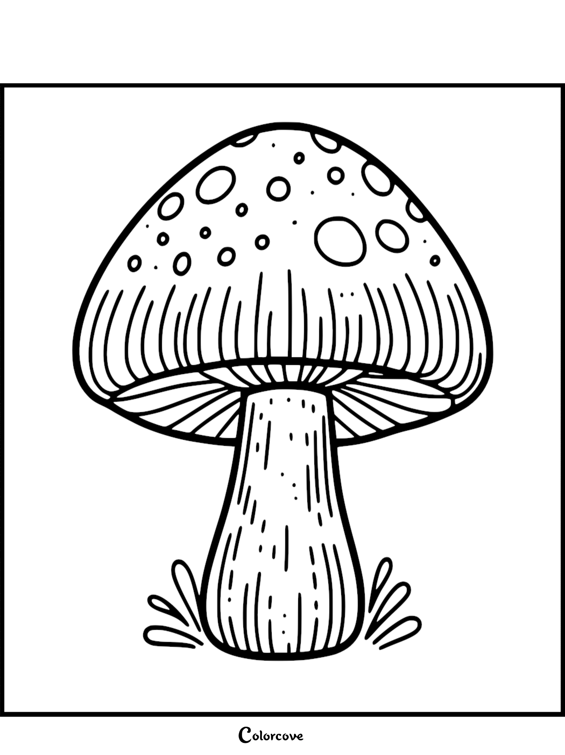 Coloring page of a mushroom for kids and adults to print and color, detailed mushroom illustration with spots.