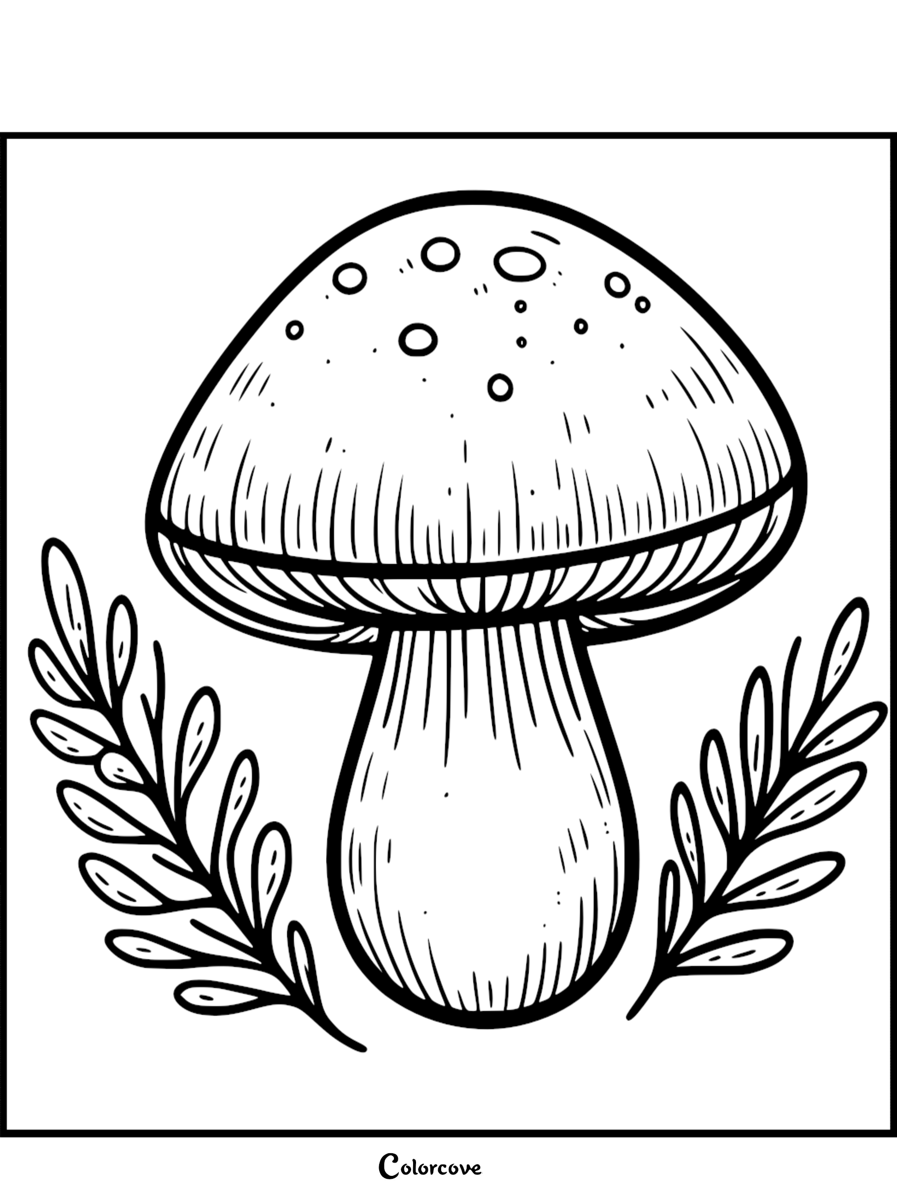 Mushroom coloring page with intricate details and leaf accents, ideal for kids and adults who enjoy coloring nature themes.