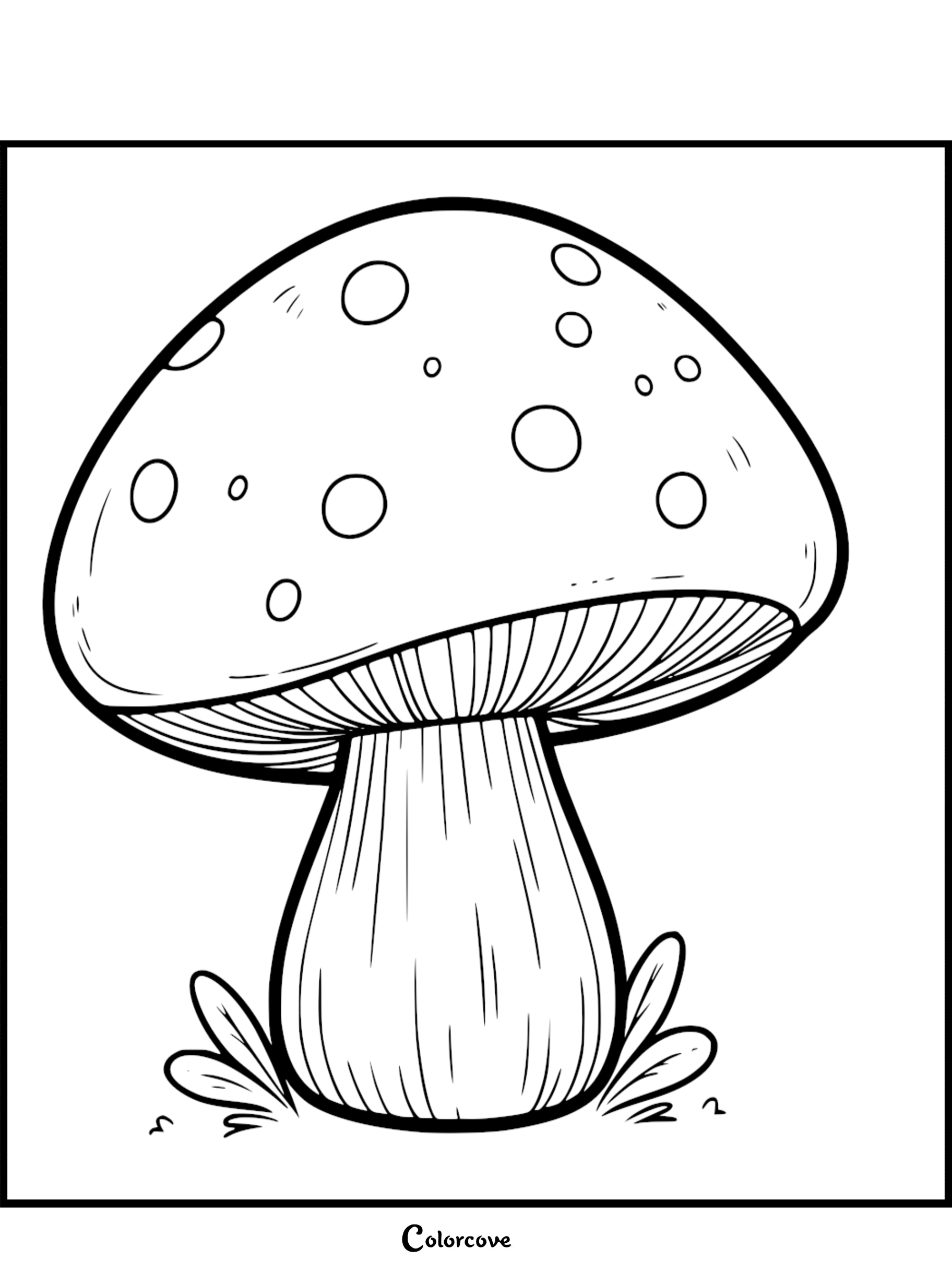 Coloring page of a mushroom with a large cap and spots, perfect for kids and adults to color and enjoy.