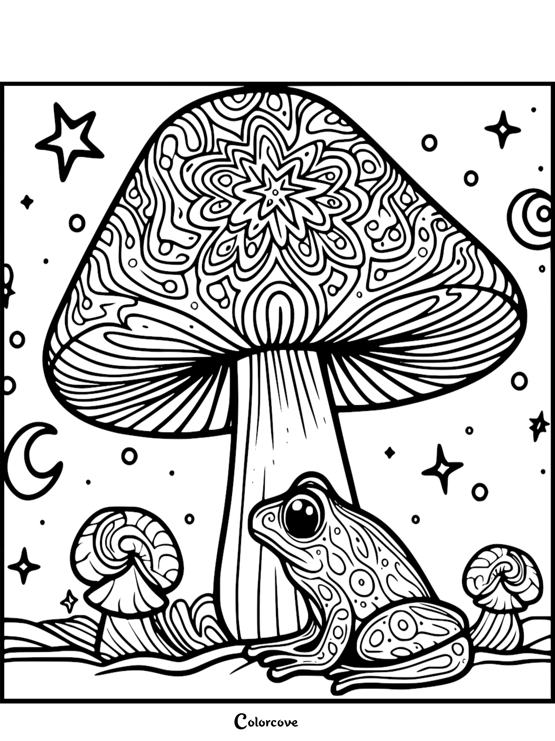 Coloring page of a frog sitting by large mushroom with intricate patterns, surrounded by stars and smaller mushrooms.