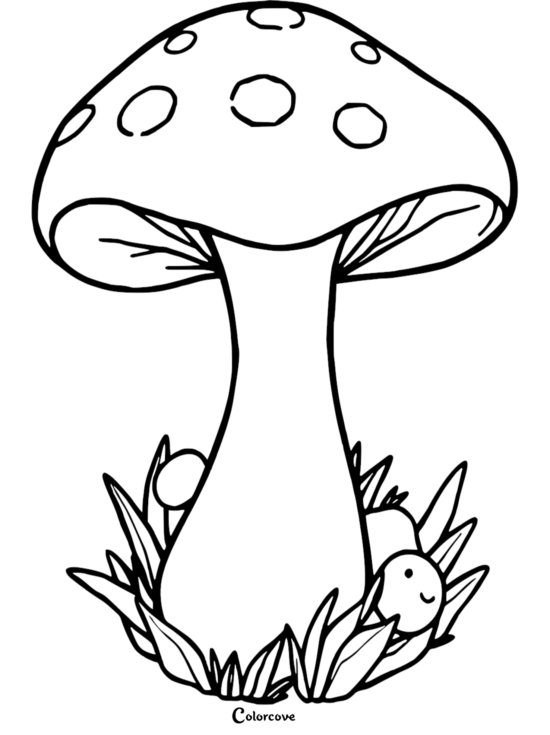 Cute mushroom coloring page with smiley faces among grass. Perfect for kids' creative activities and fun.