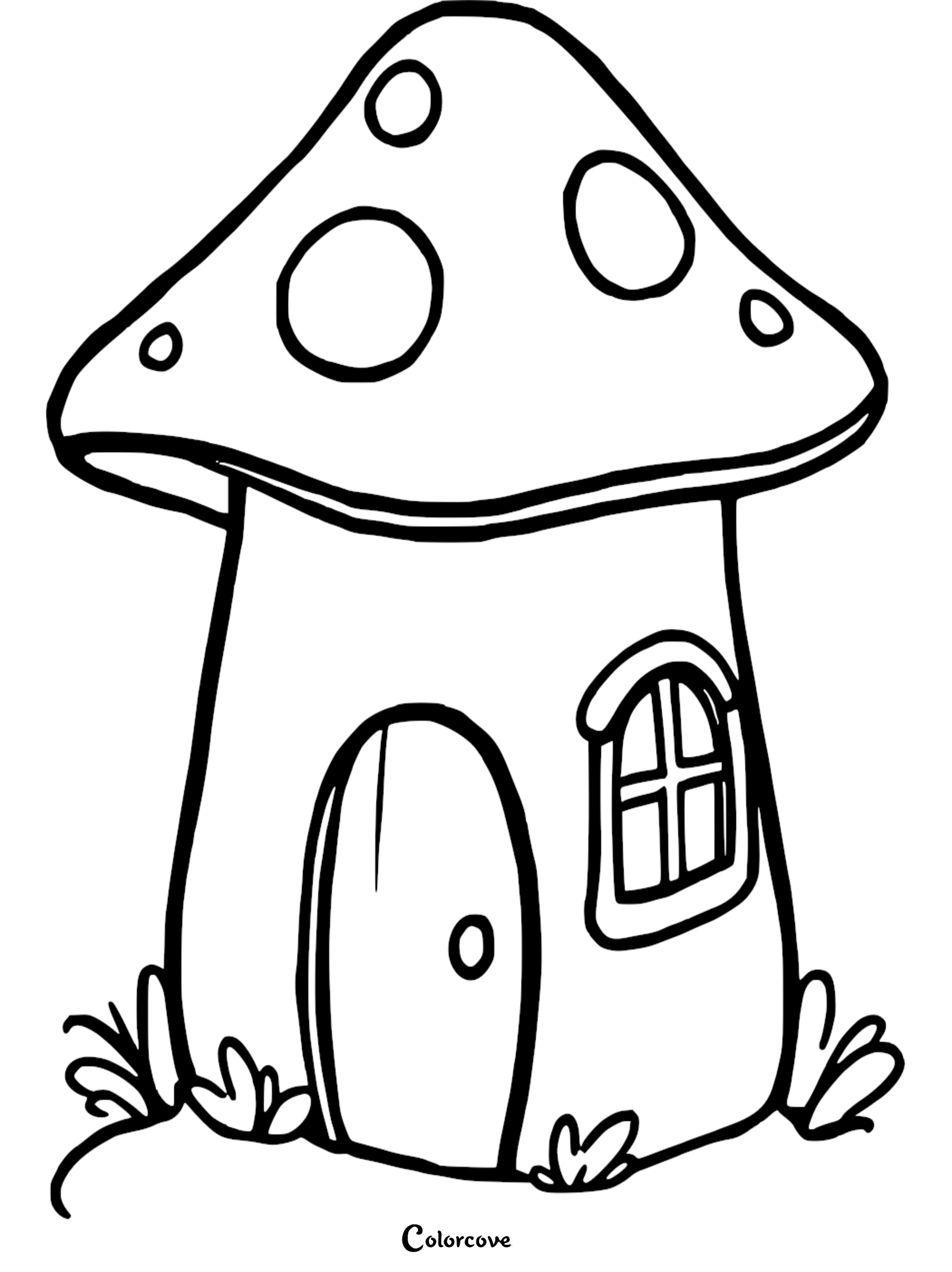 Mushroom house coloring page with door and window, perfect for kids' creativity and imaginative coloring activities.