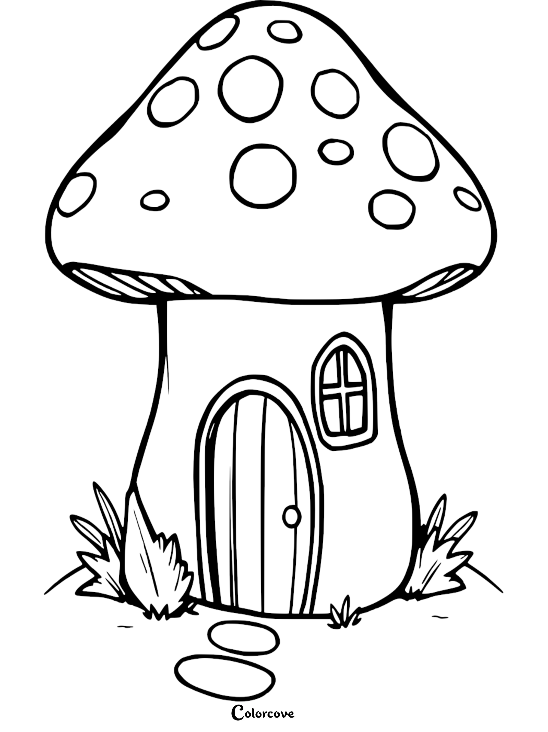 Whimsical mushroom house coloring page with detailed door and window. Perfect for kids' creative coloring activities.