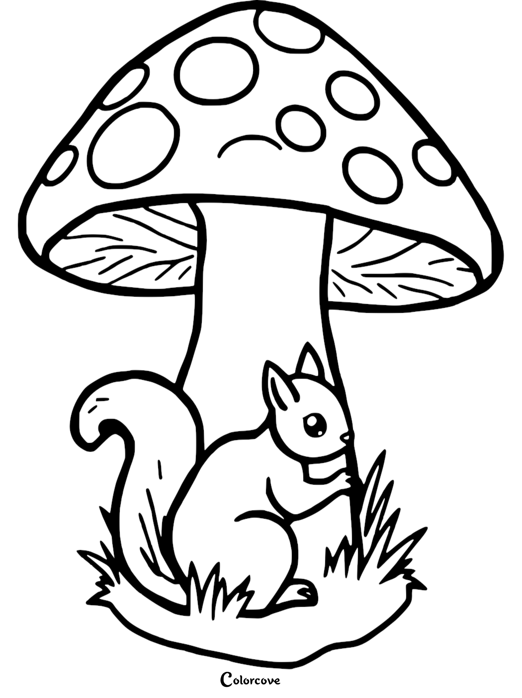 Squirrel under a mushroom coloring page for kids, featuring a cute woodland scene with a playful animal.