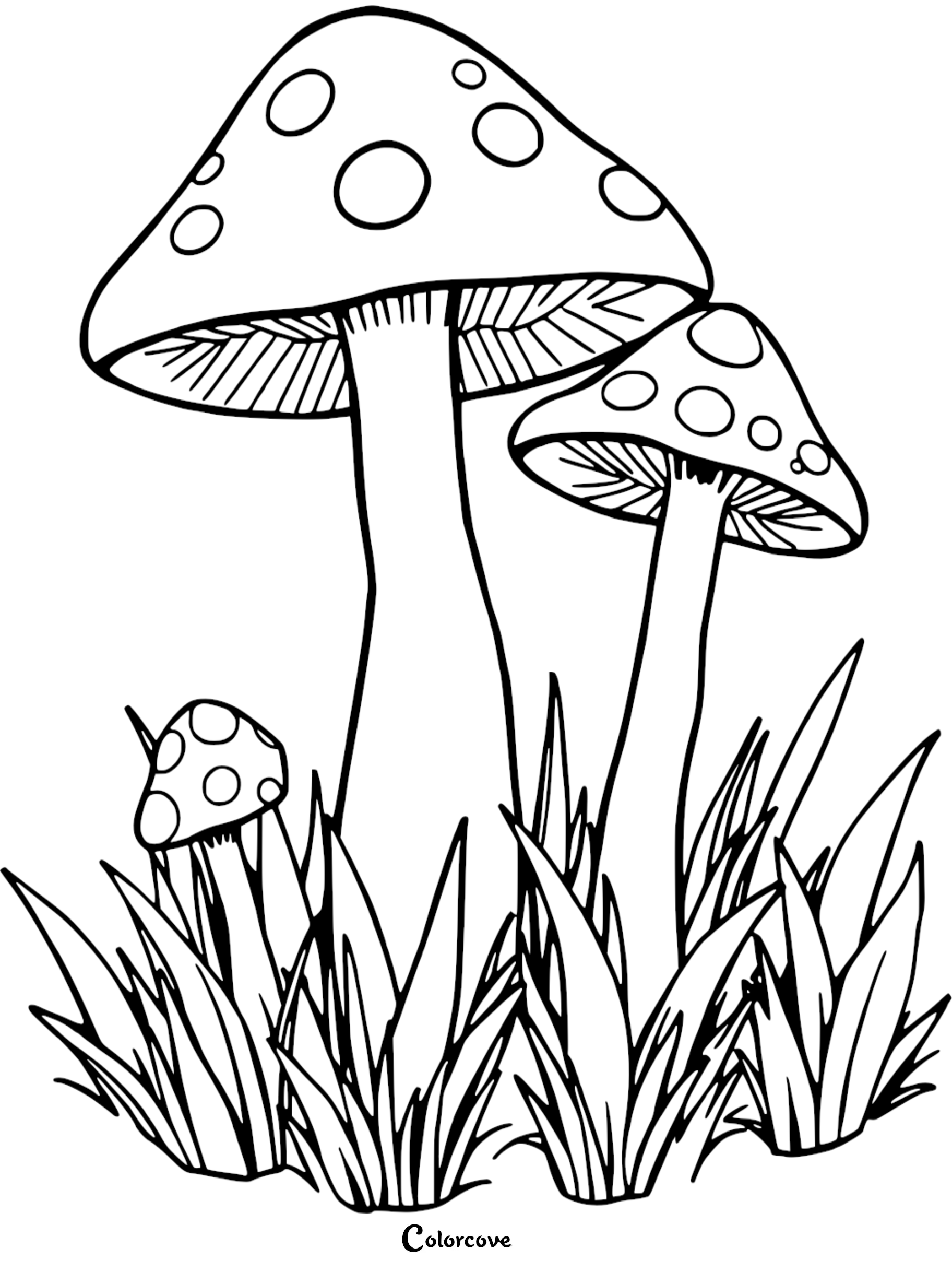 Coloring page of three mushrooms in grass, outlined for coloring fun and creativity.