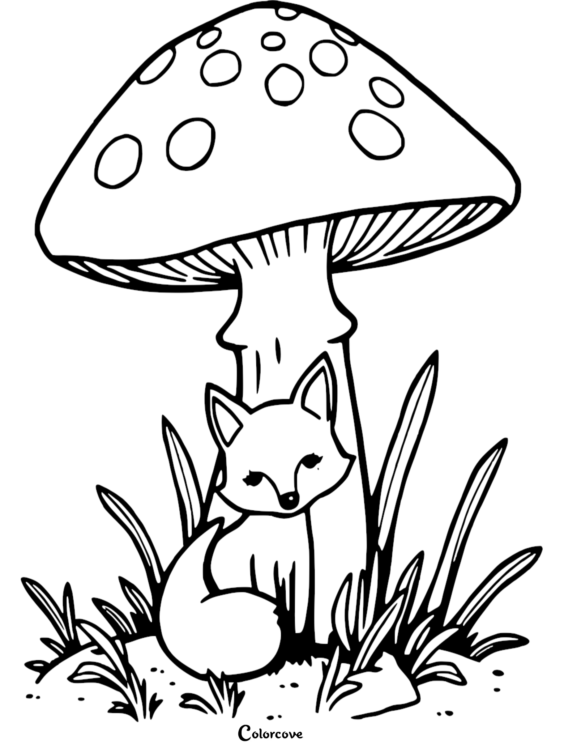 Fox under a large mushroom coloring page for kids, featuring grass and nature in black and white illustration.