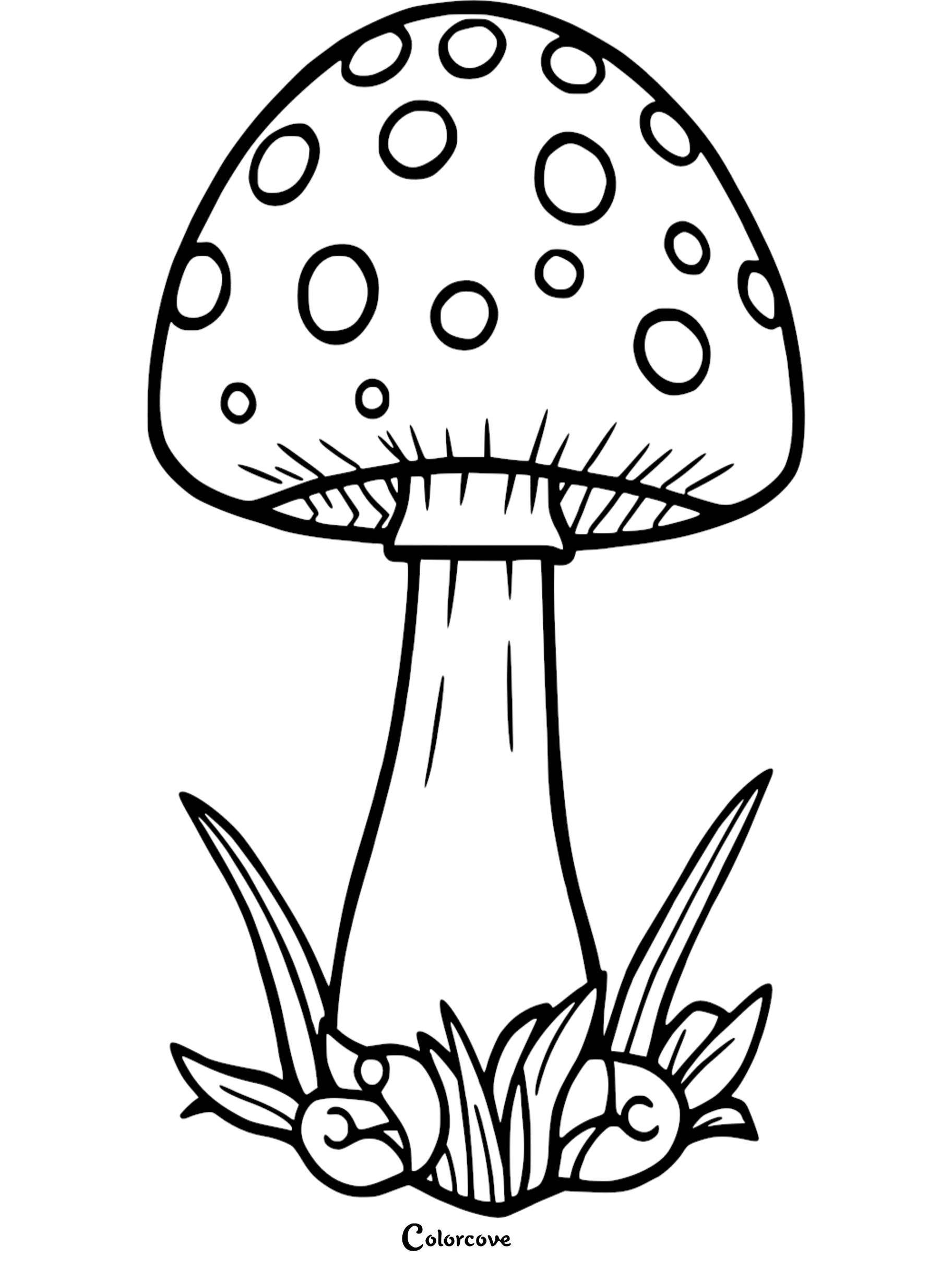 Coloring page with a spotted mushroom and grass, ready for kids and adults to color. Perfect for nature-themed fun.