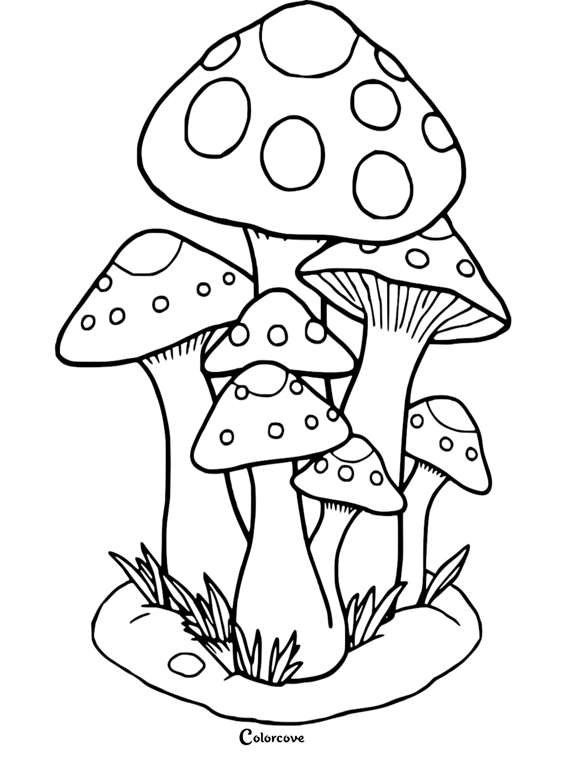 Whimsical mushroom coloring page with dotted caps, ideal for creative kids and adults to color.