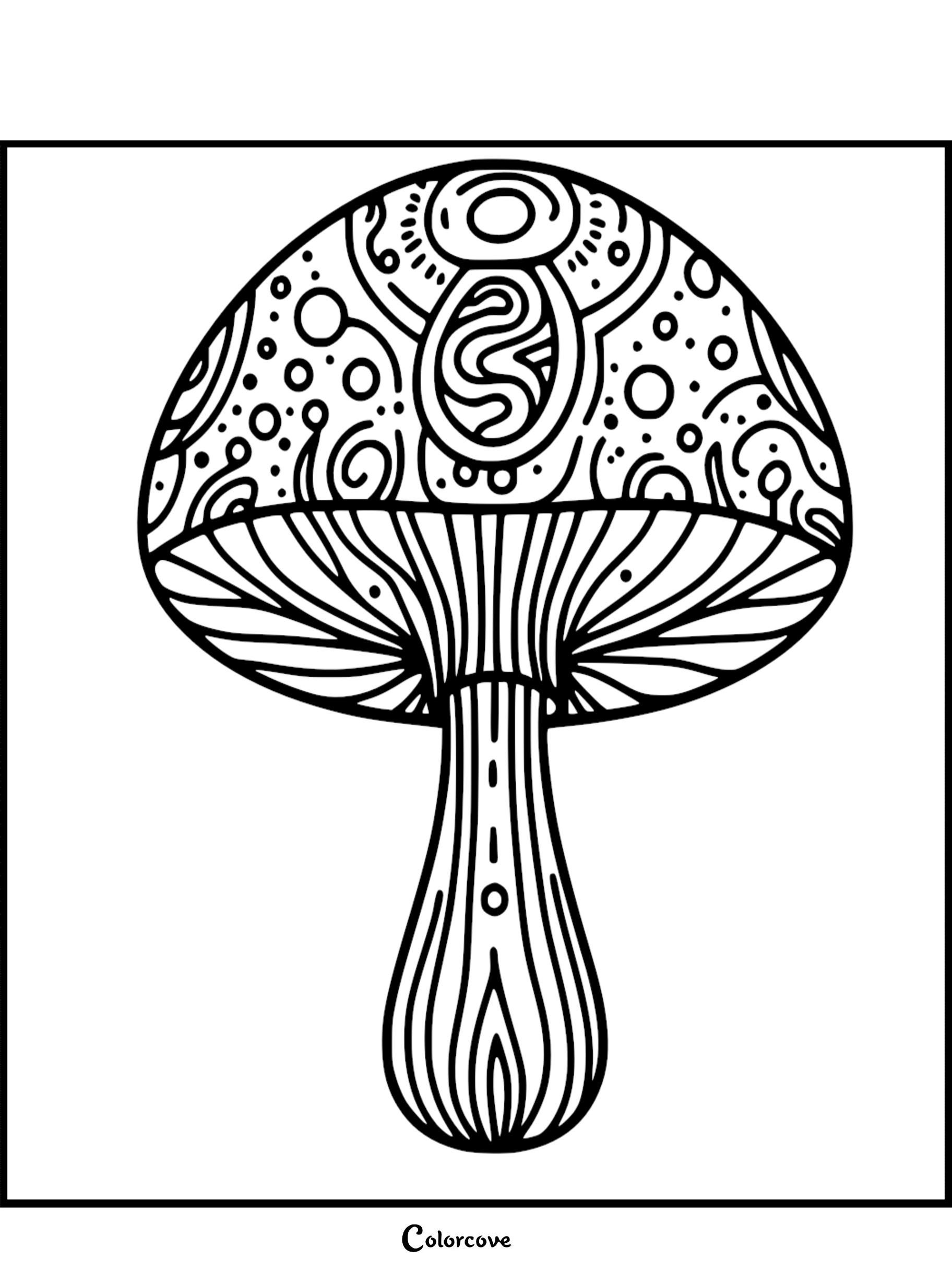Intricate mushroom coloring page with detailed patterns, perfect for adults looking for a creative and relaxing activity.