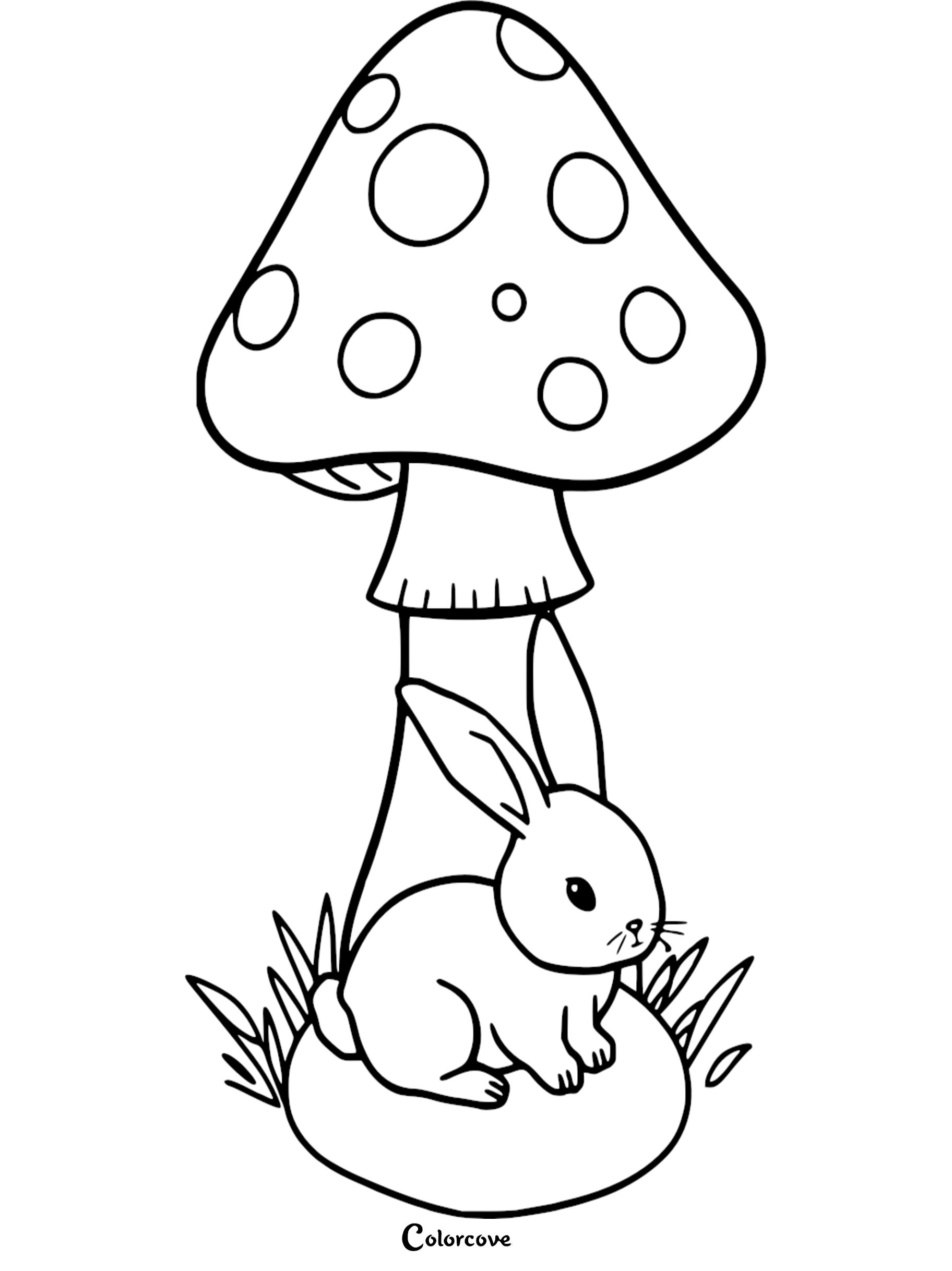 Rabbit under a spotted mushroom coloring page, perfect for kids' creative activities and relaxing art sessions.