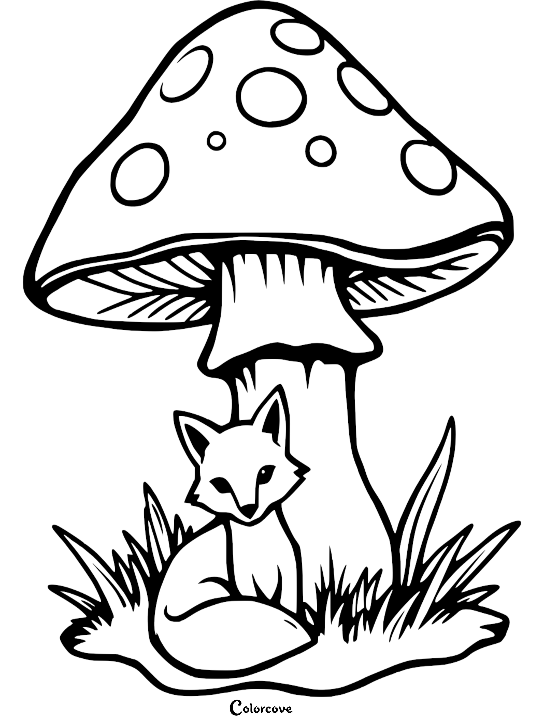Cute fox coloring page with large mushroom and grass, perfect for kids' art activities.