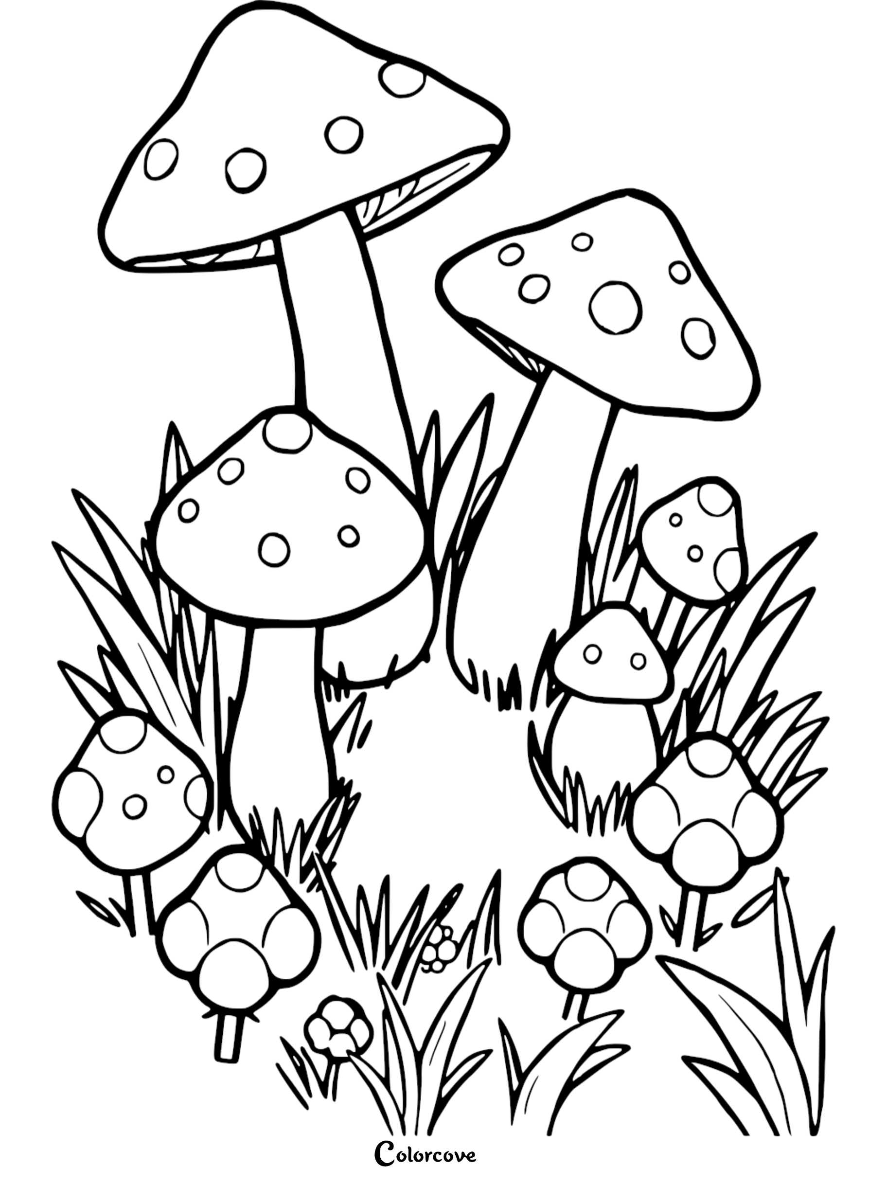Coloring page featuring mushrooms and grass, perfect for kids to color and explore nature's beauty.
