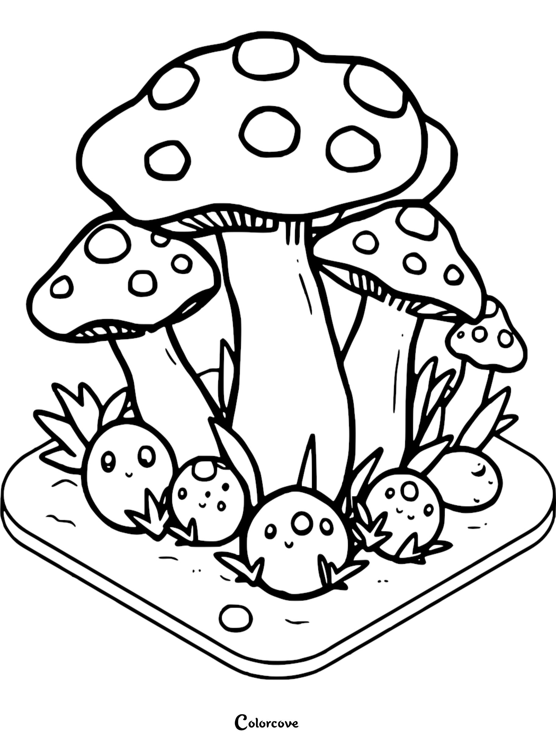 Cute mushroom and creature coloring page with whimsical cartoon designs, ready for creative coloring fun.