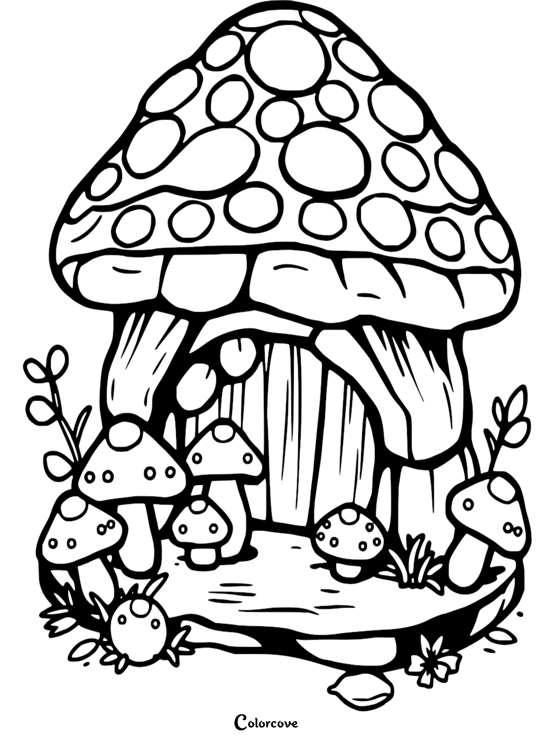 Illustrated mushroom house coloring page with surrounding smaller mushrooms and plants. Perfect for kids' creative fun.