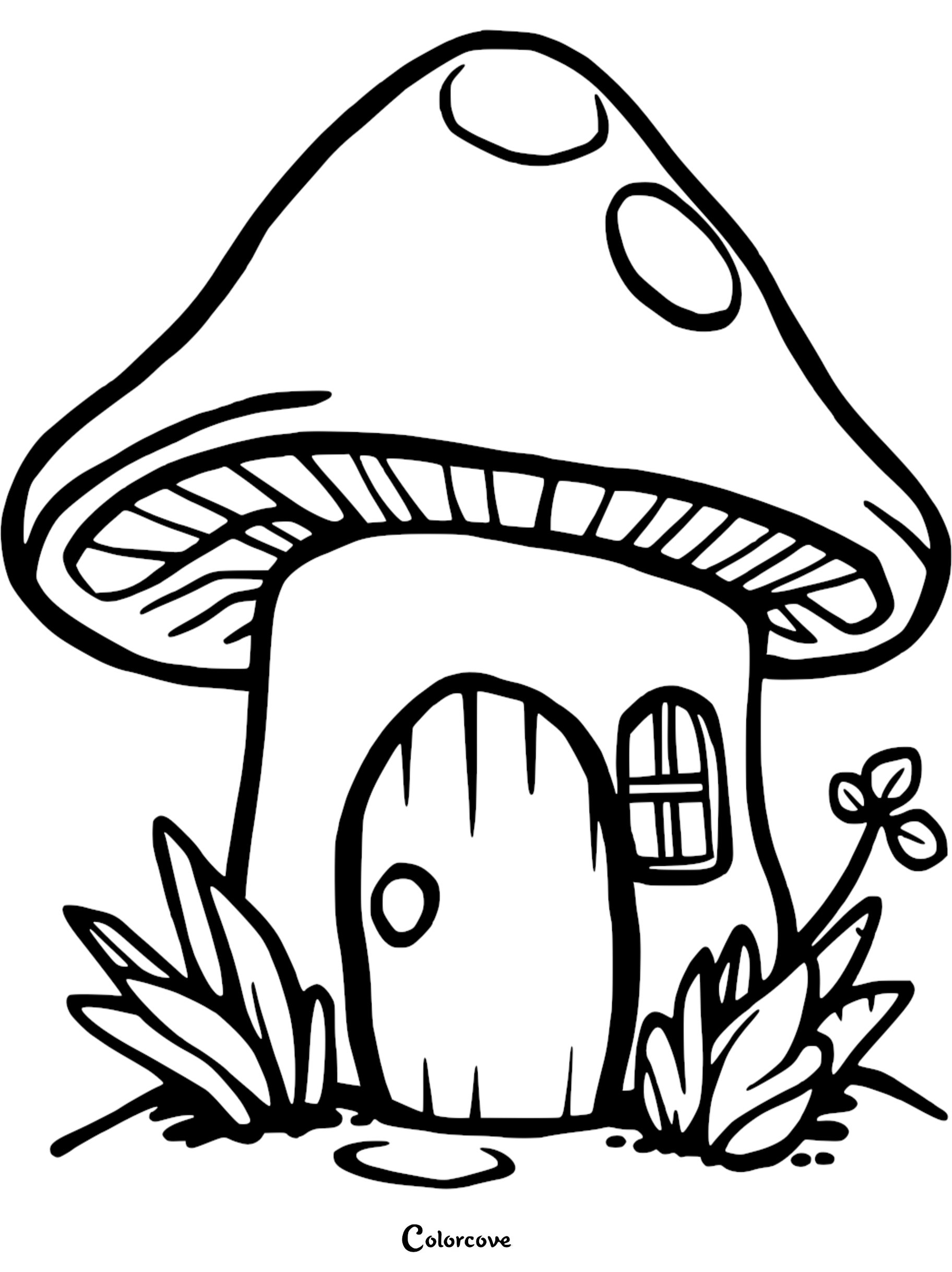 Whimsical mushroom house coloring page for kids, featuring a quaint design with plants for creative fun.