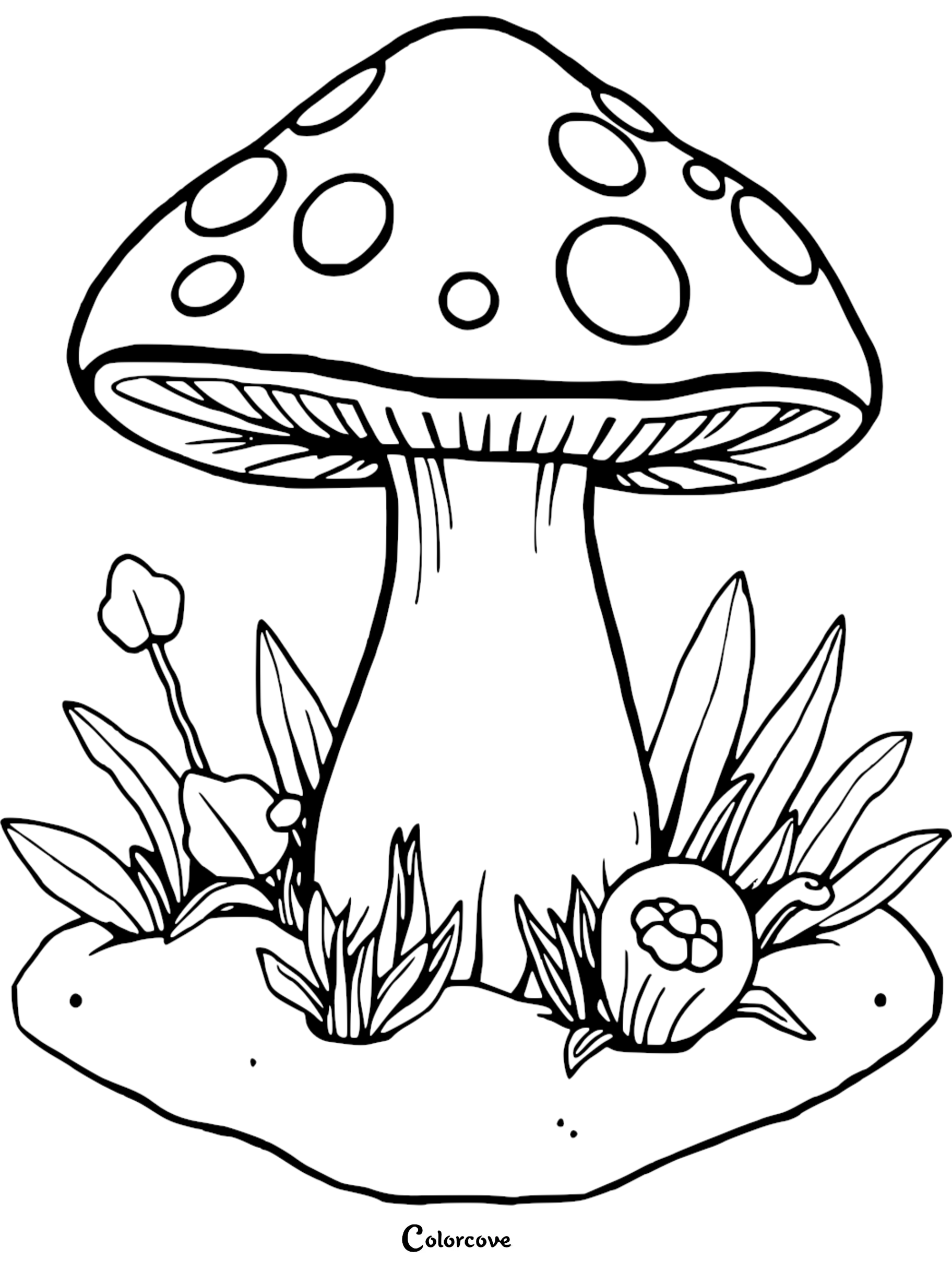 Coloring page with a large mushroom surrounded by grass and flowers, perfect for creative kids' activities.