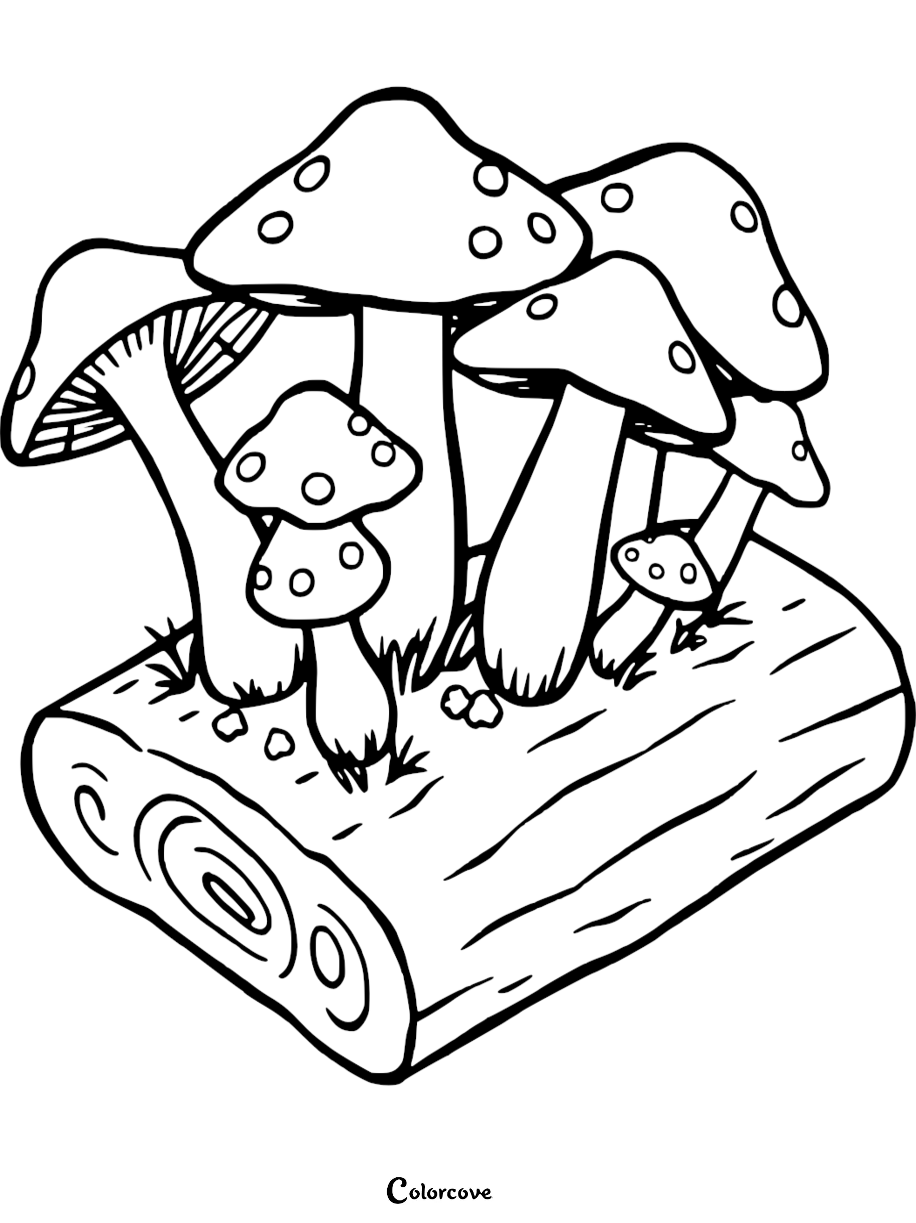 Mushroom coloring page on a log, perfect for kids' creative activities and nature-inspired coloring sessions.