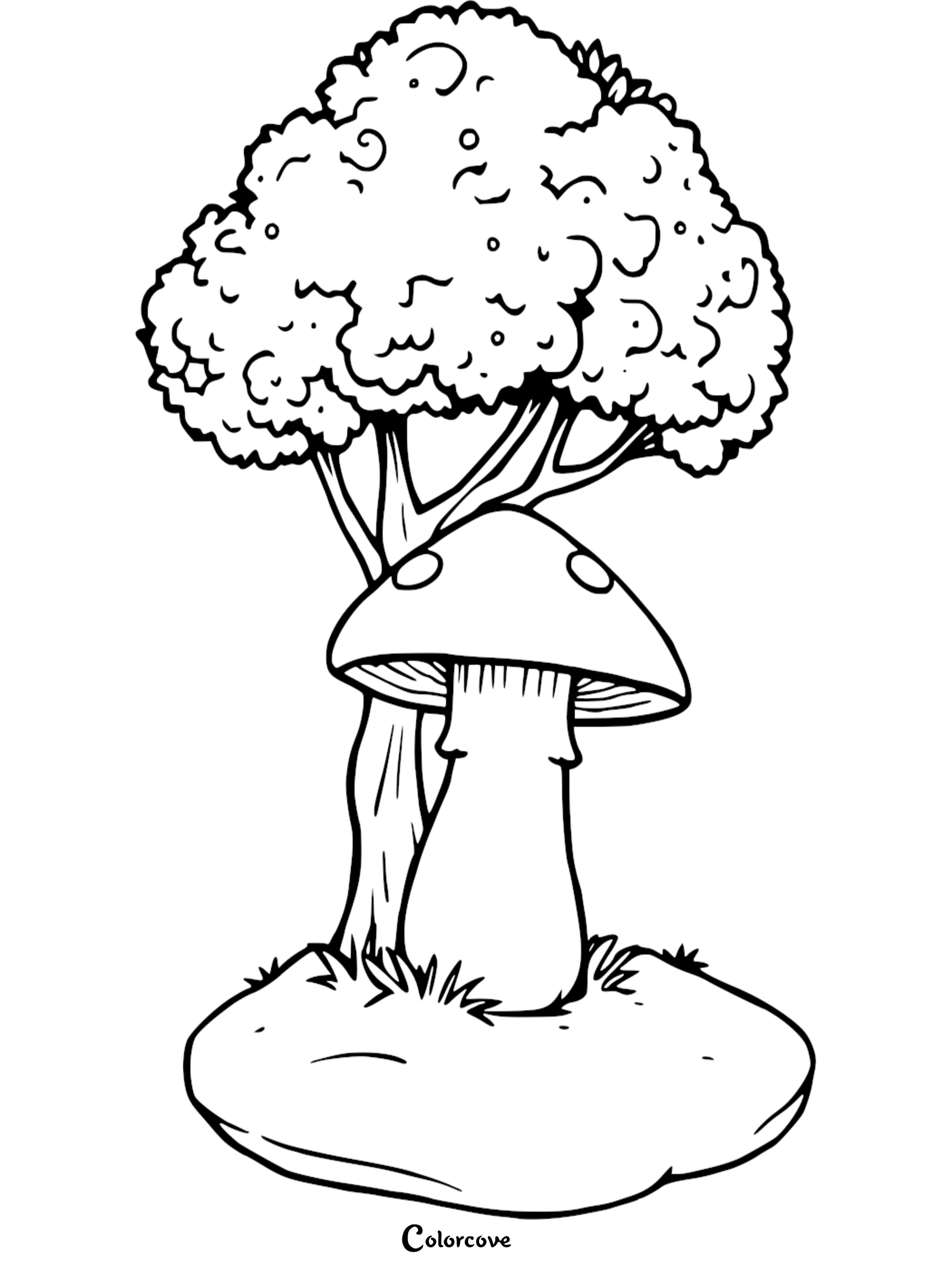 Coloring page of a whimsical mushroom beneath a tree on a grassy mound, from colorcove.org.