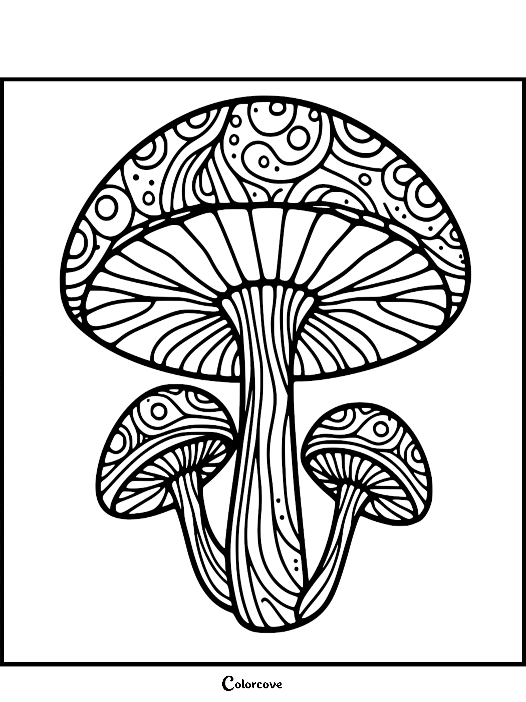 Coloring page featuring intricate mushroom designs with detailed patterns. Perfect for adult coloring and relaxation.