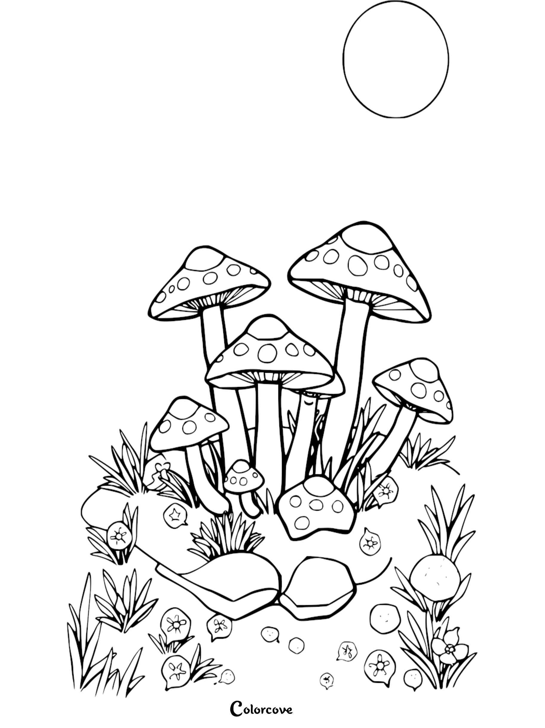 Mushroom coloring page with sun and grass, featuring detailed nature-inspired design for stress relief and creativity.