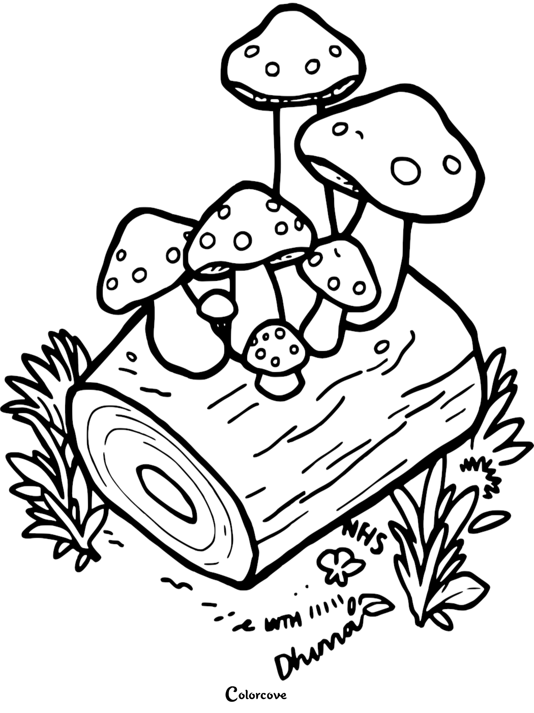 Coloring page with mushrooms growing on a log, surrounded by grass and small plants.