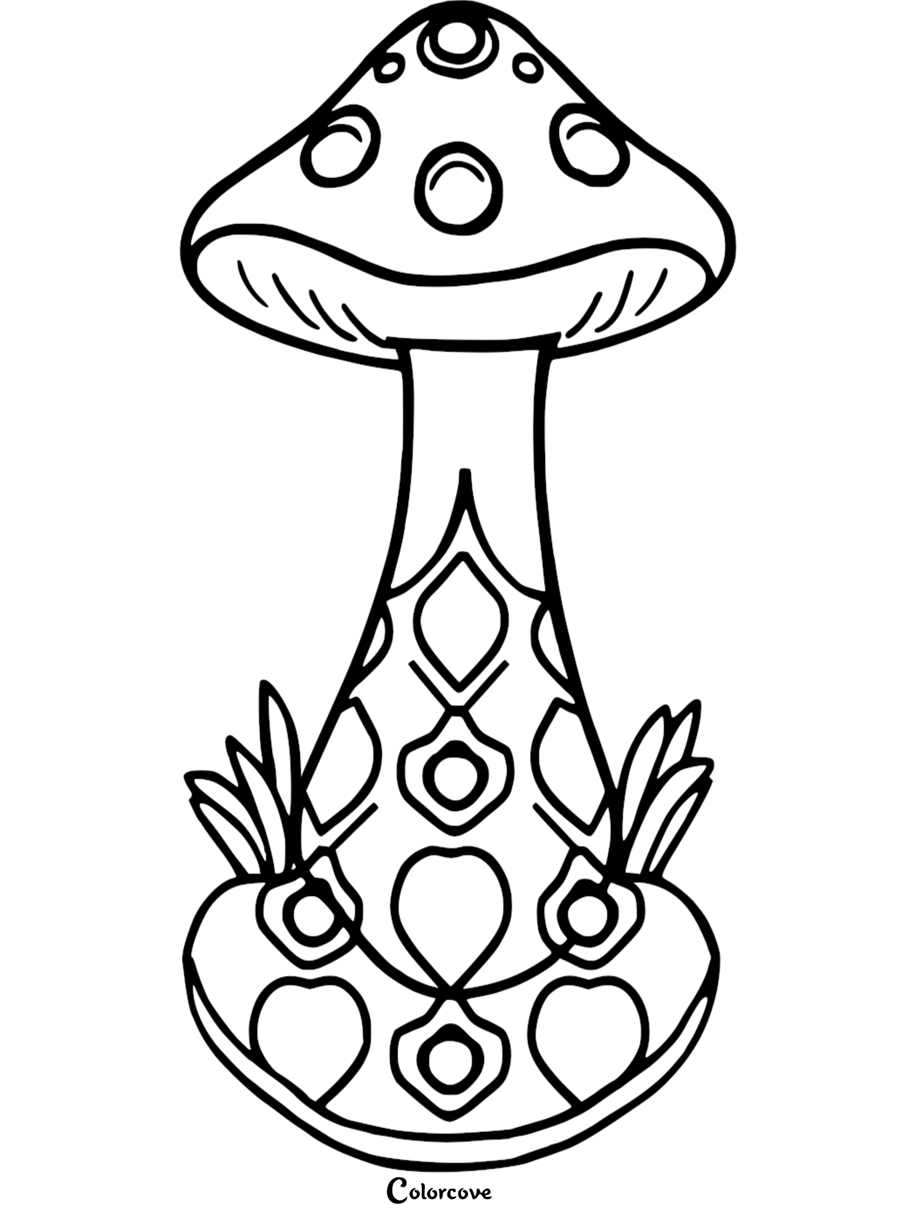 Coloring page of a whimsical mushroom with decorative patterns and shapes. Perfect for creative coloring fun.