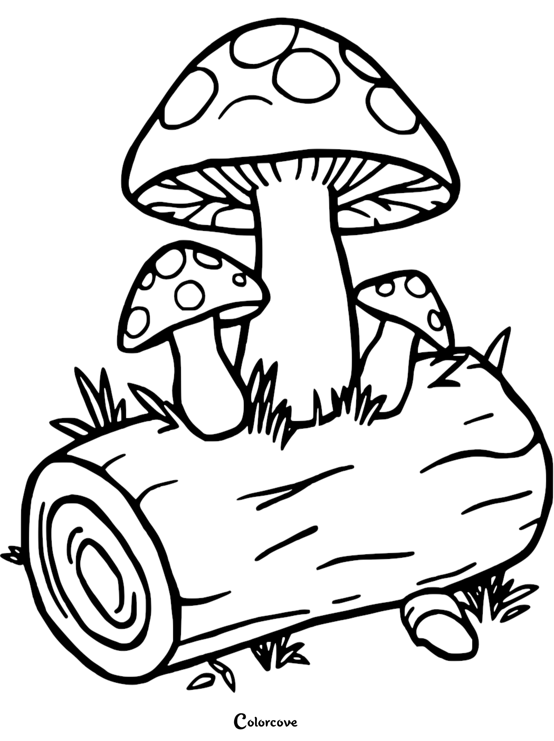 Mushroom scene on a log coloring page, perfect for nature-themed coloring activities; free download from colorcove.org