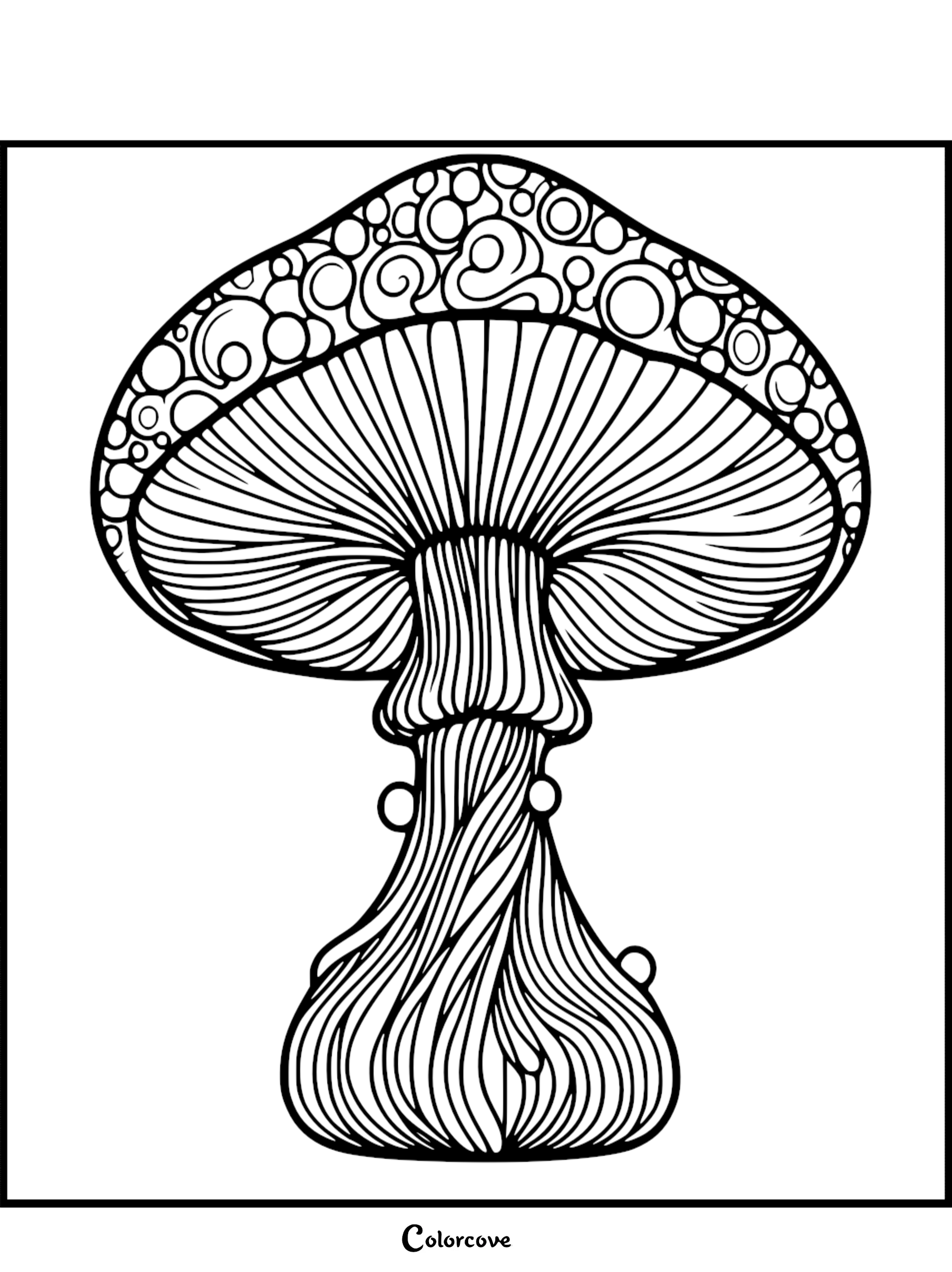 Intricate mushroom coloring page with detailed patterns for relaxation and creative expression. Perfect for all ages.