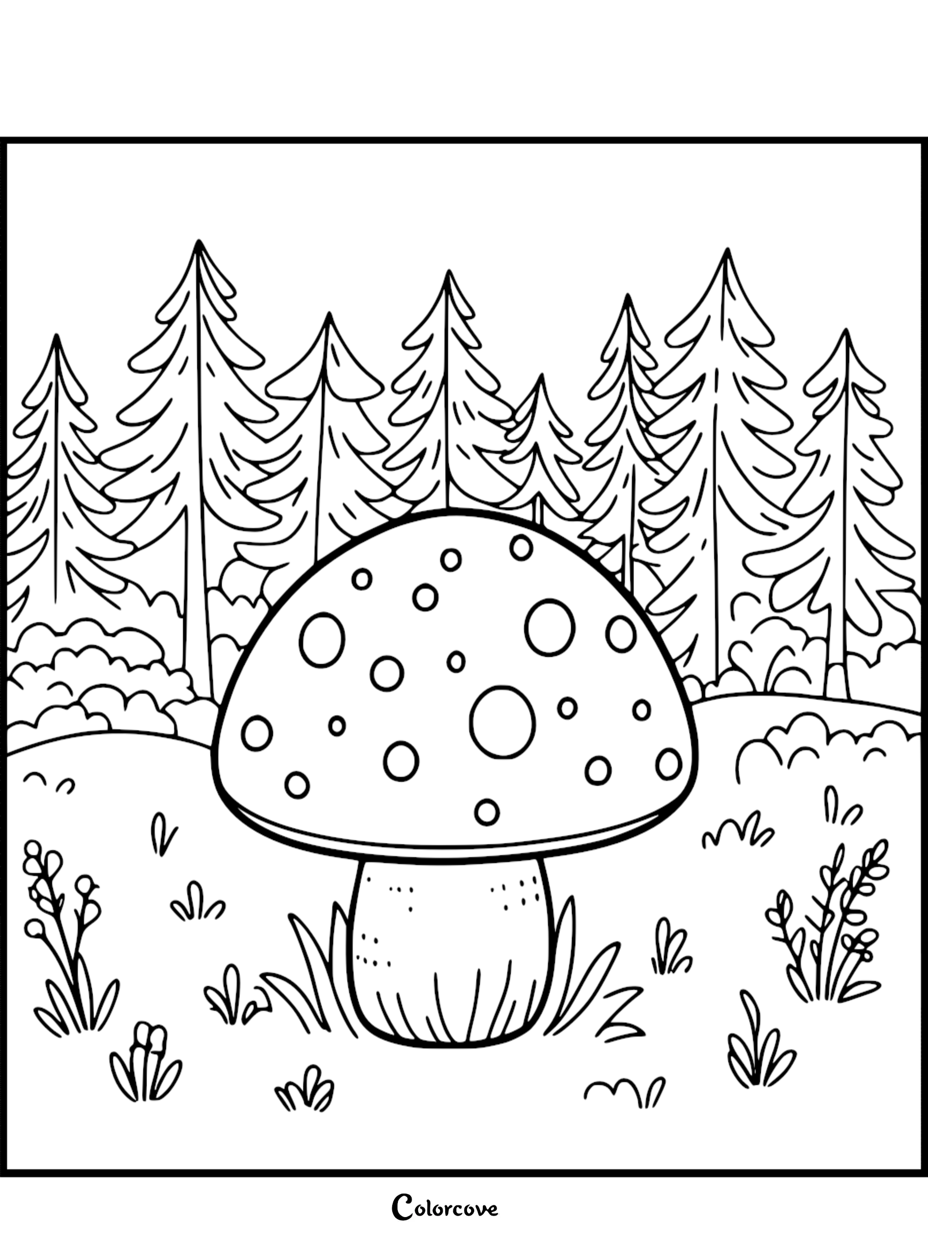 Mushroom coloring page with large mushroom, forest trees, and plants in background. Printable for kids.