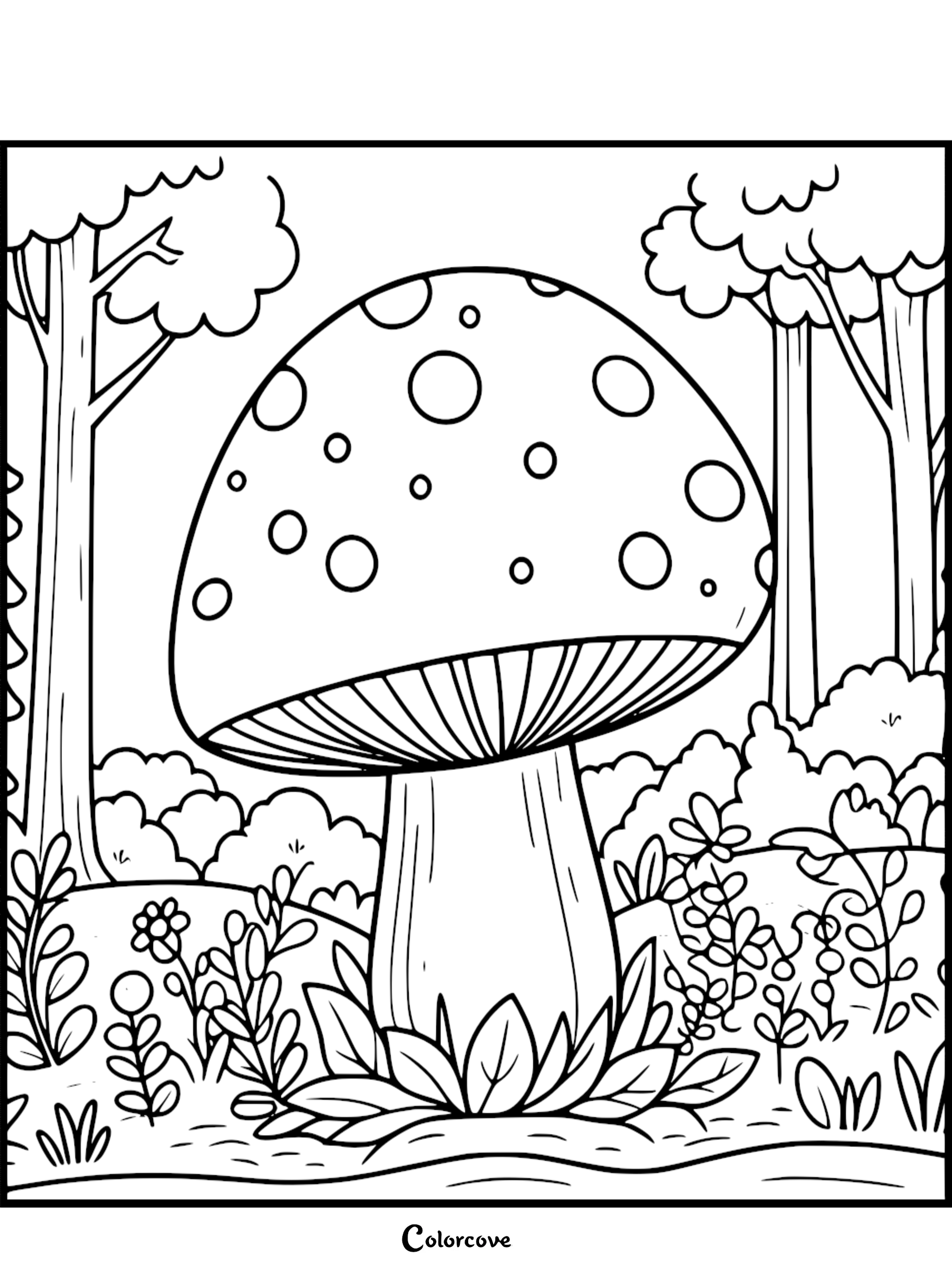 Coloring page featuring a large mushroom among trees and plants in a forest setting for kids to color.