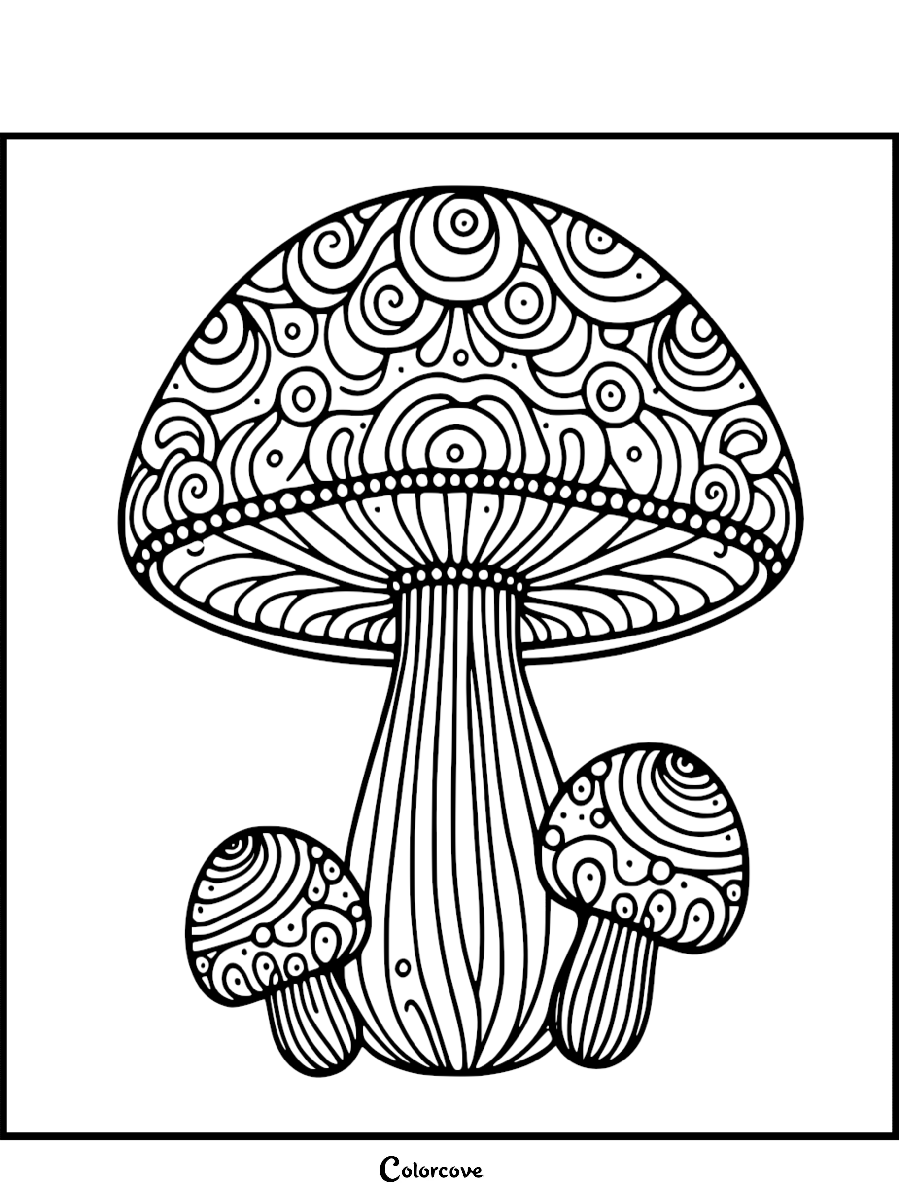 Intricate mushroom coloring page for kids and adults. Perfect for stress relief and creative expression. Download now!